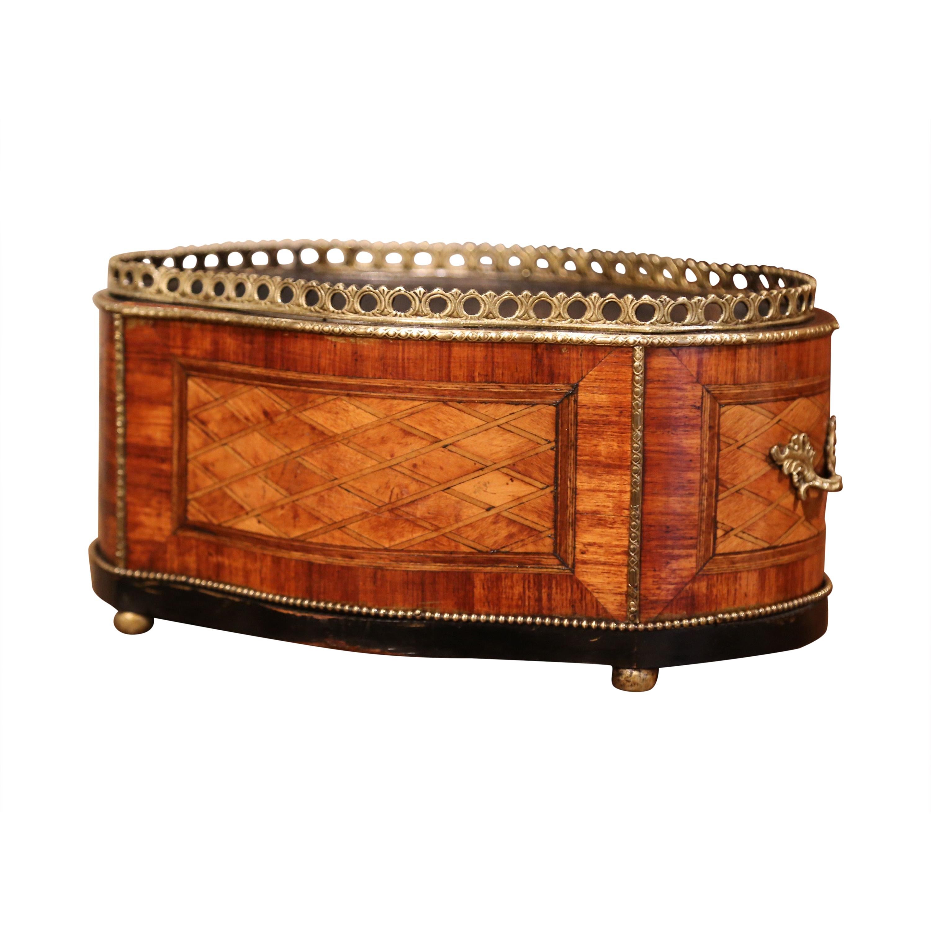 19th Century French Napoleon III Oval Inlay Marquetry and Bronze Jardinière
