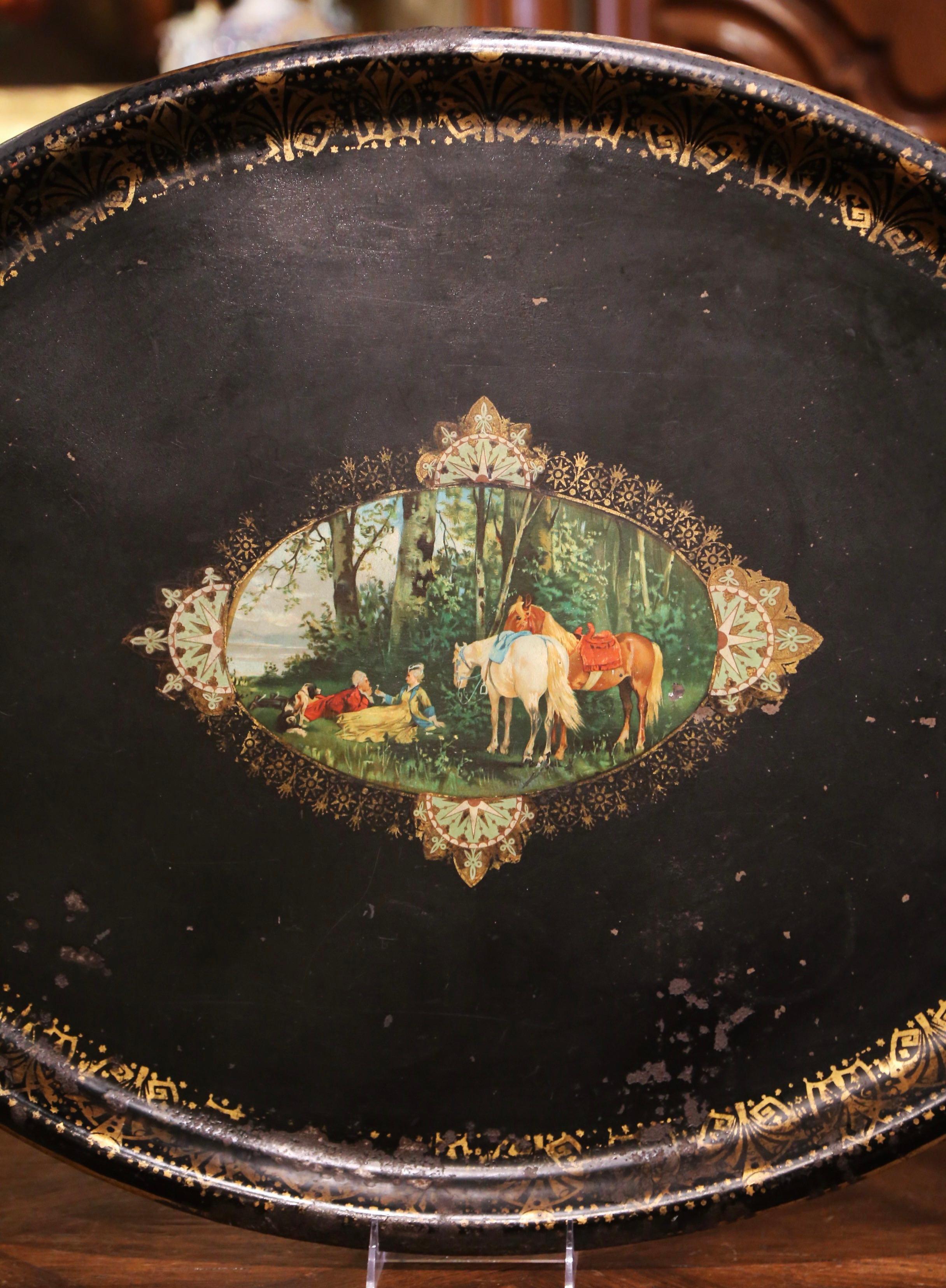 Blackened 19th Century French Napoleon III Oval Tole Tray with Hand Painted Medallion For Sale