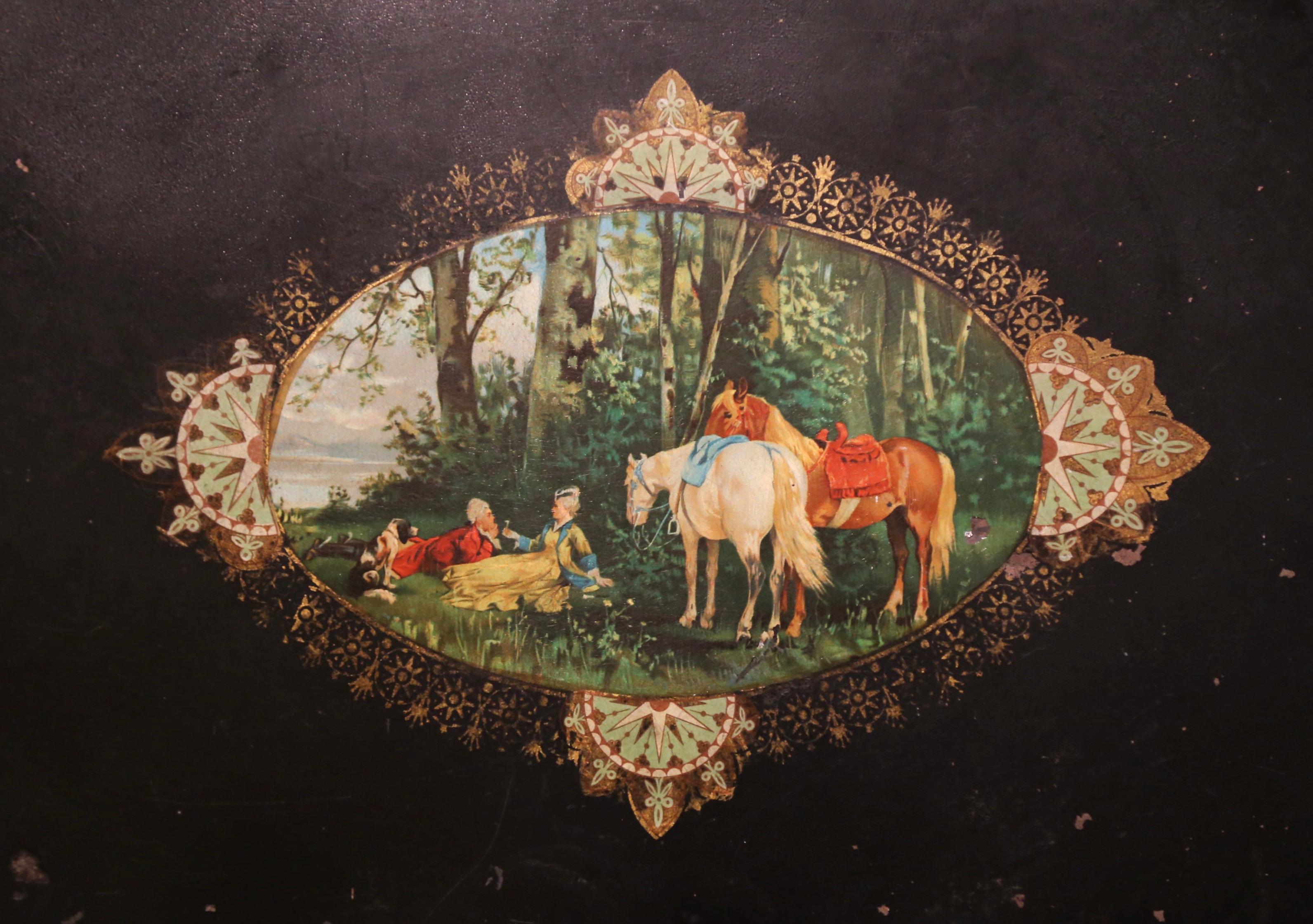 Tôle Plateau ovale en tôle Napoléon III français du XIXe siècle avec médaillon peint à la main en vente