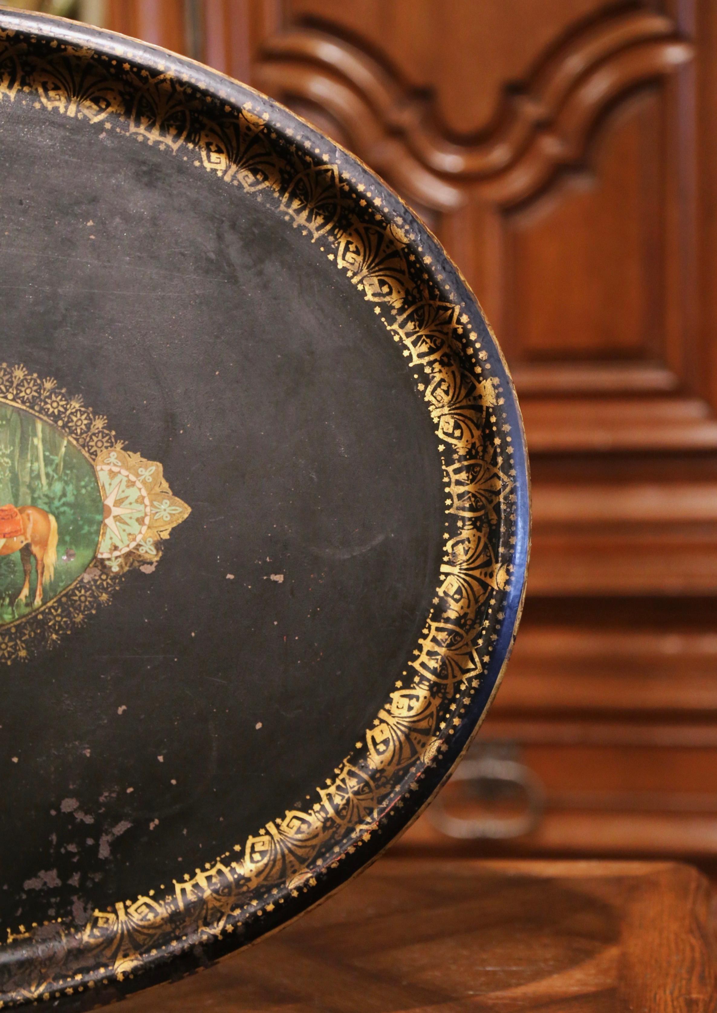 19th Century French Napoleon III Oval Tole Tray with Hand Painted Medallion For Sale 3