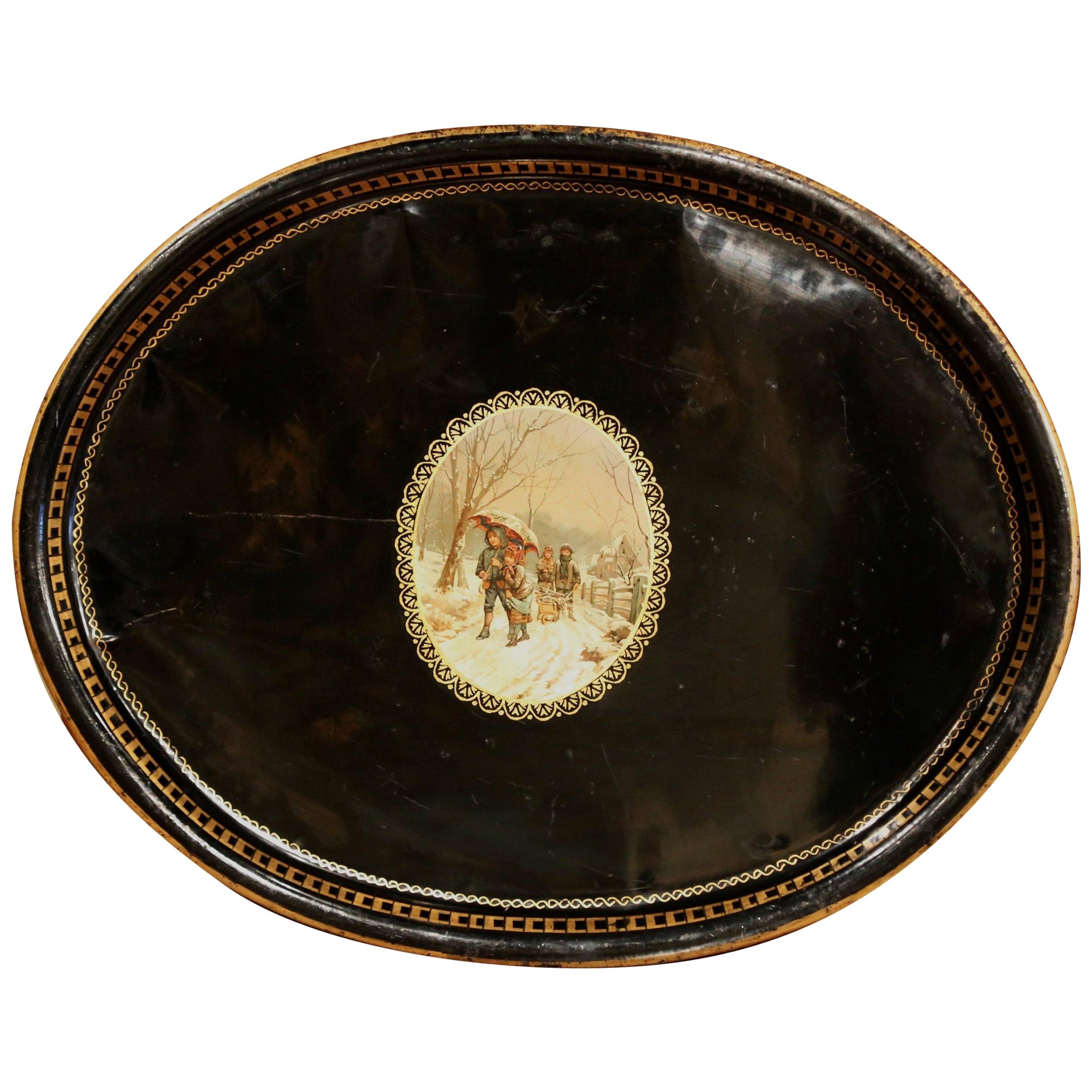 Plateau ovale en tôle Napoléon III français du XIXe siècle avec médaillon peint à la main en vente