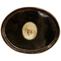 19th Century French Napoleon III Oval Tole Tray with Hand Painted Medallion