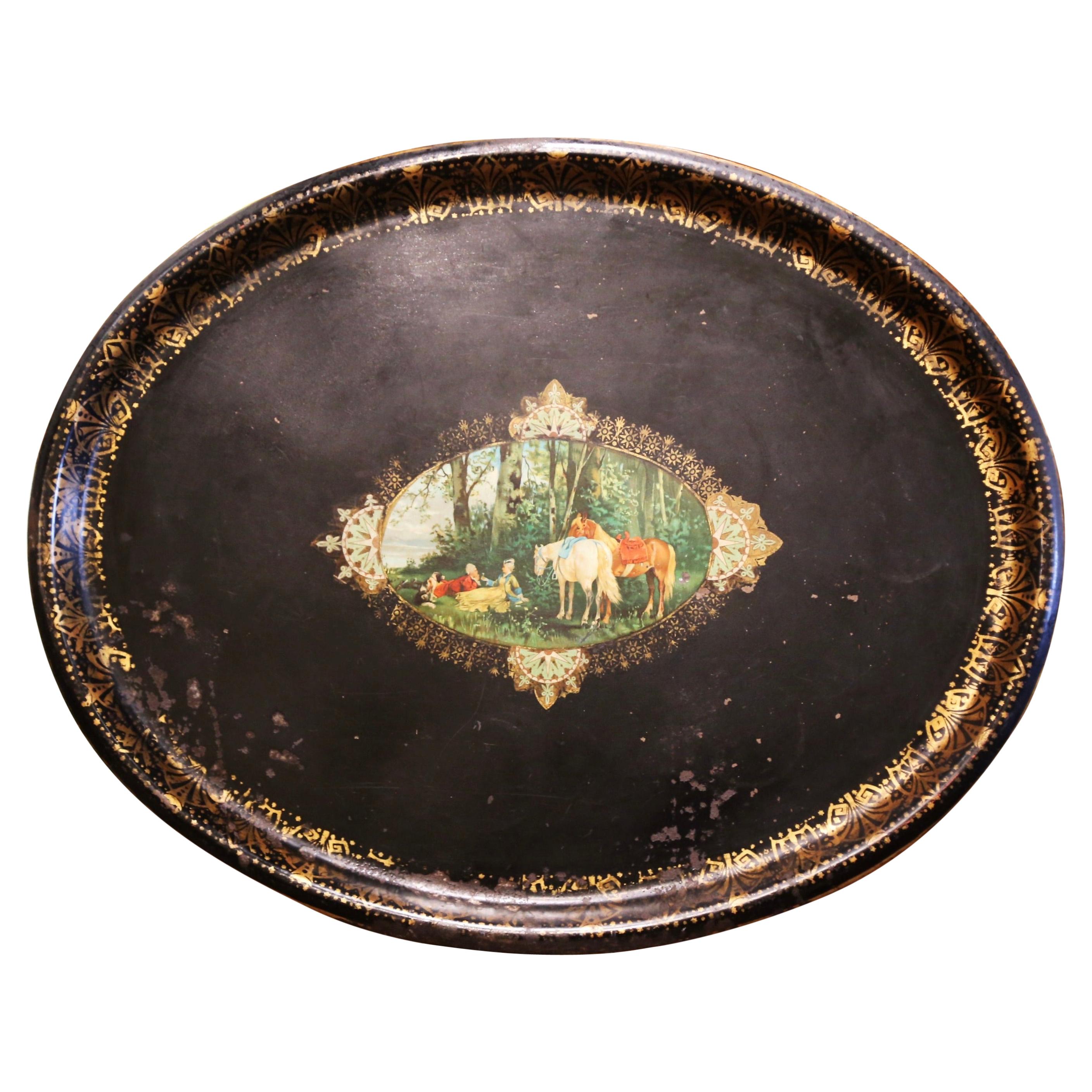 Plateau ovale en tôle Napoléon III français du XIXe siècle avec médaillon peint à la main