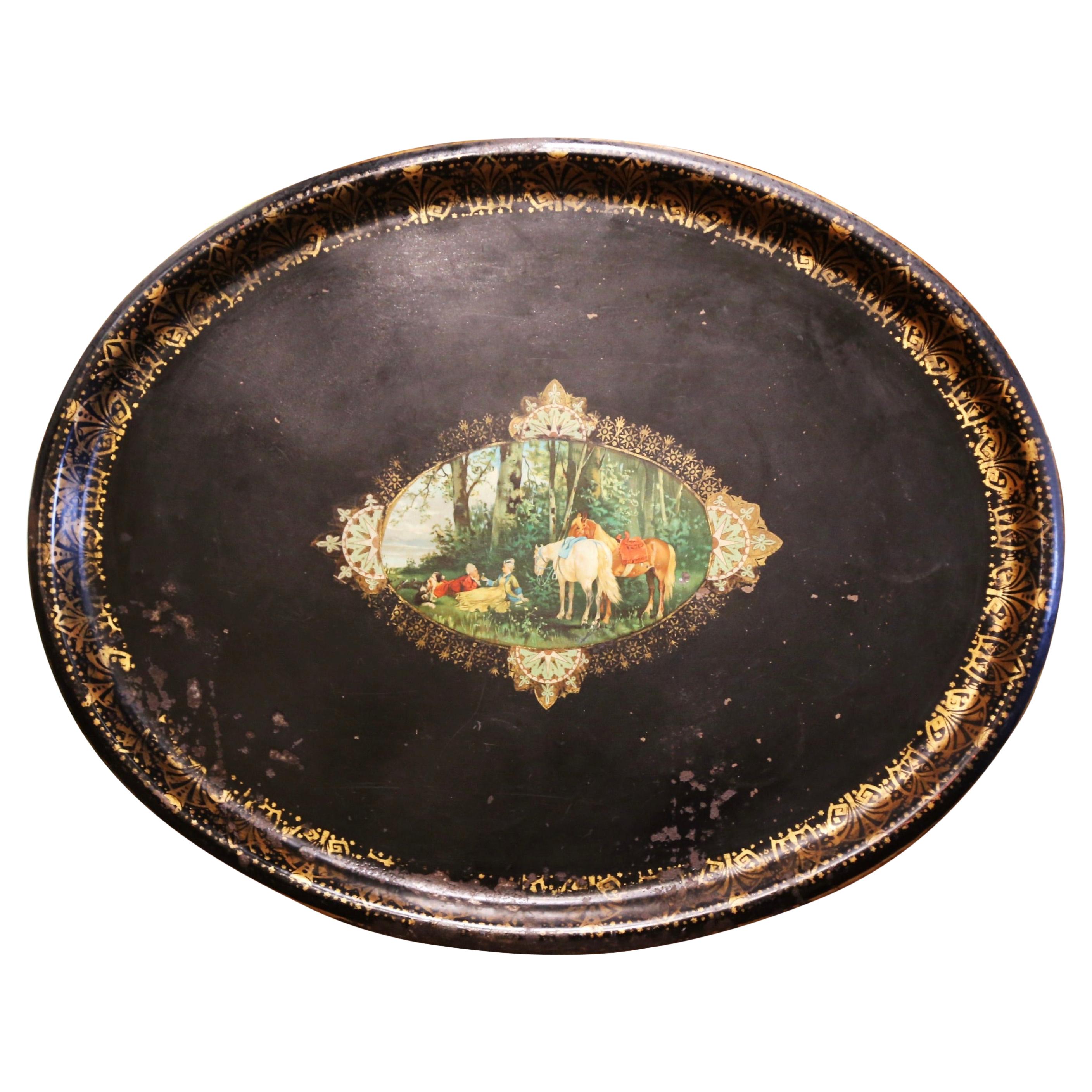 19th Century French Napoleon III Oval Tole Tray with Hand Painted Medallion