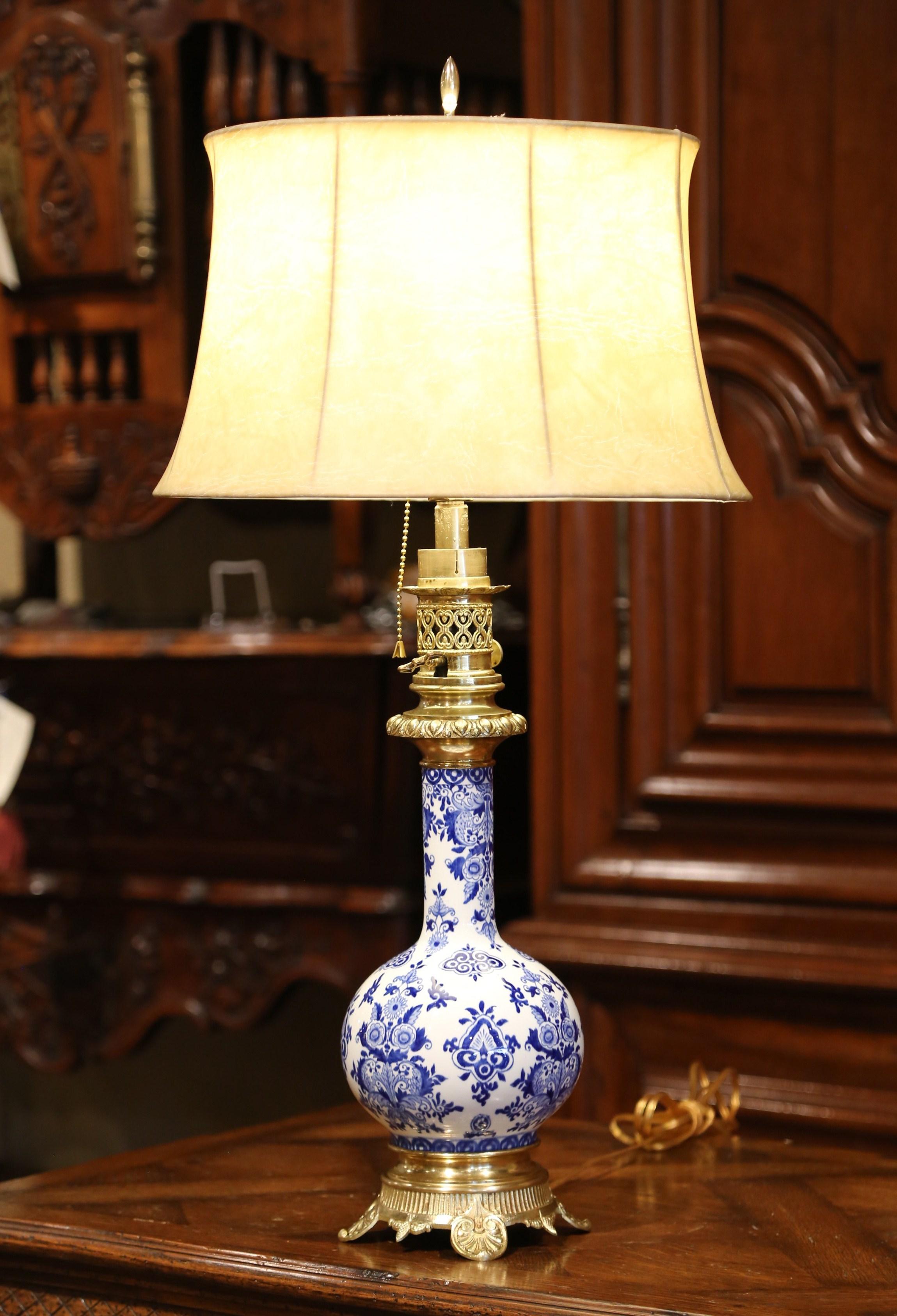 Gilt 19th Century French Napoleon III Painted Porcelain and Bronze Converted Oil Lamp