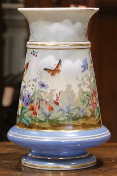19th Century French Napoleon III Painted Porcelain Vase with Bird and Butterfly