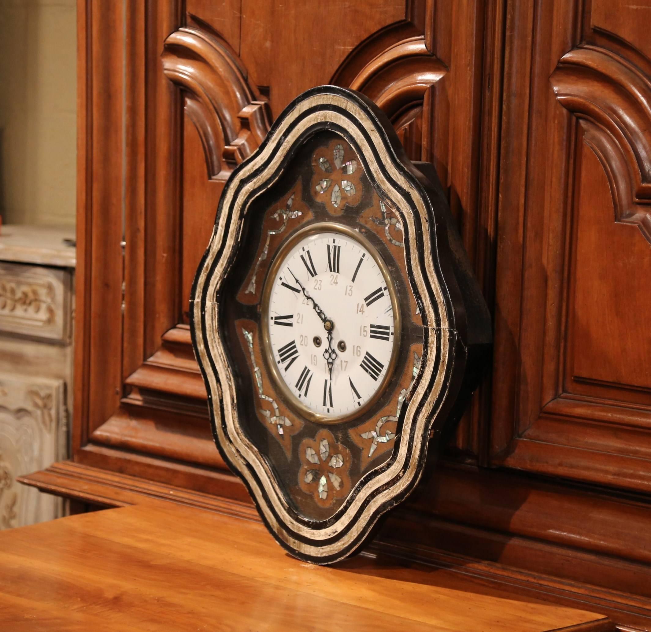 19th Century French Napoleon III Painted Wall Clock with Mother-of-Pearl Decor In Excellent Condition In Dallas, TX