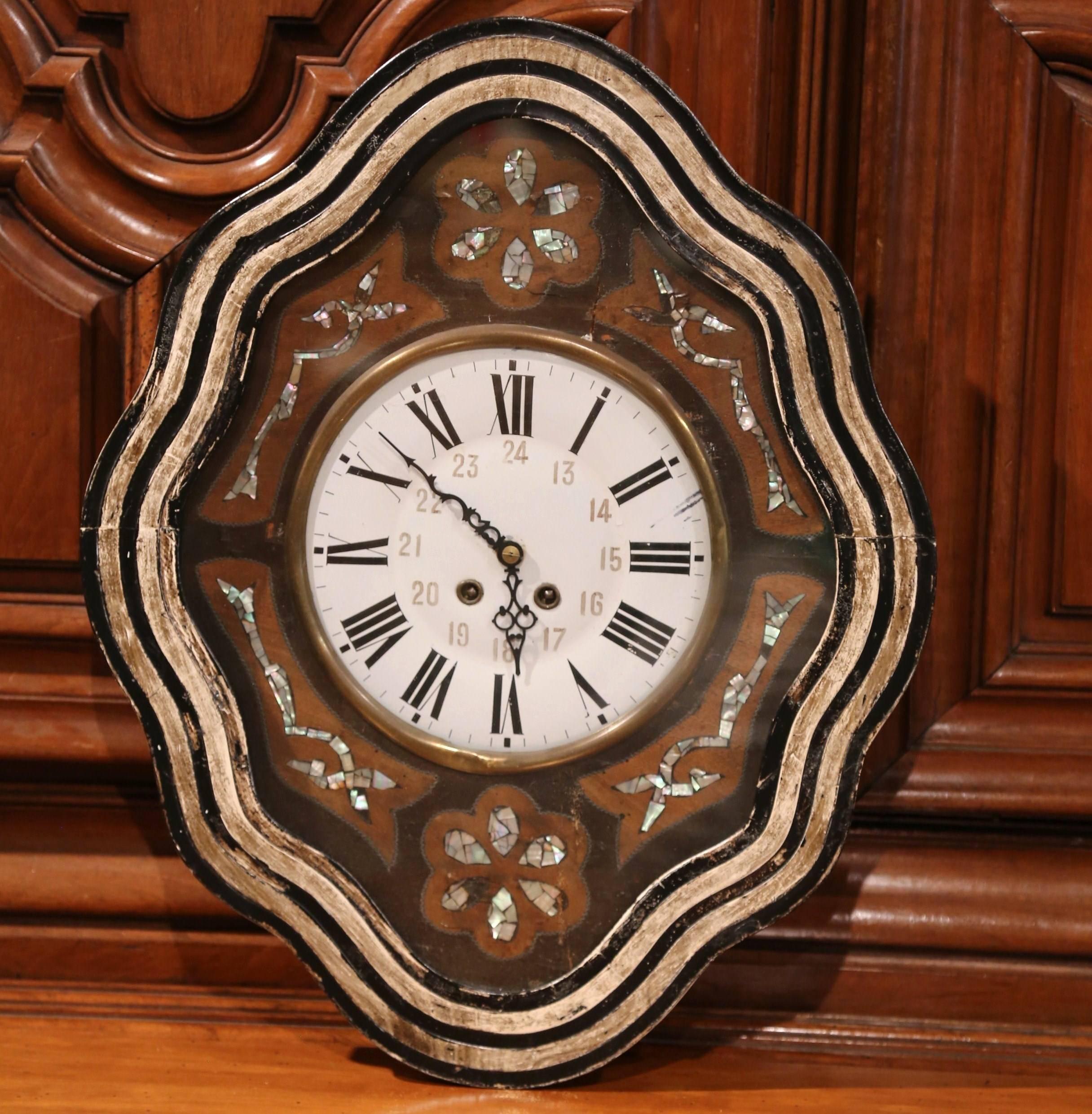19th Century French Napoleon III Painted Wall Clock with Mother-of-Pearl Decor 1