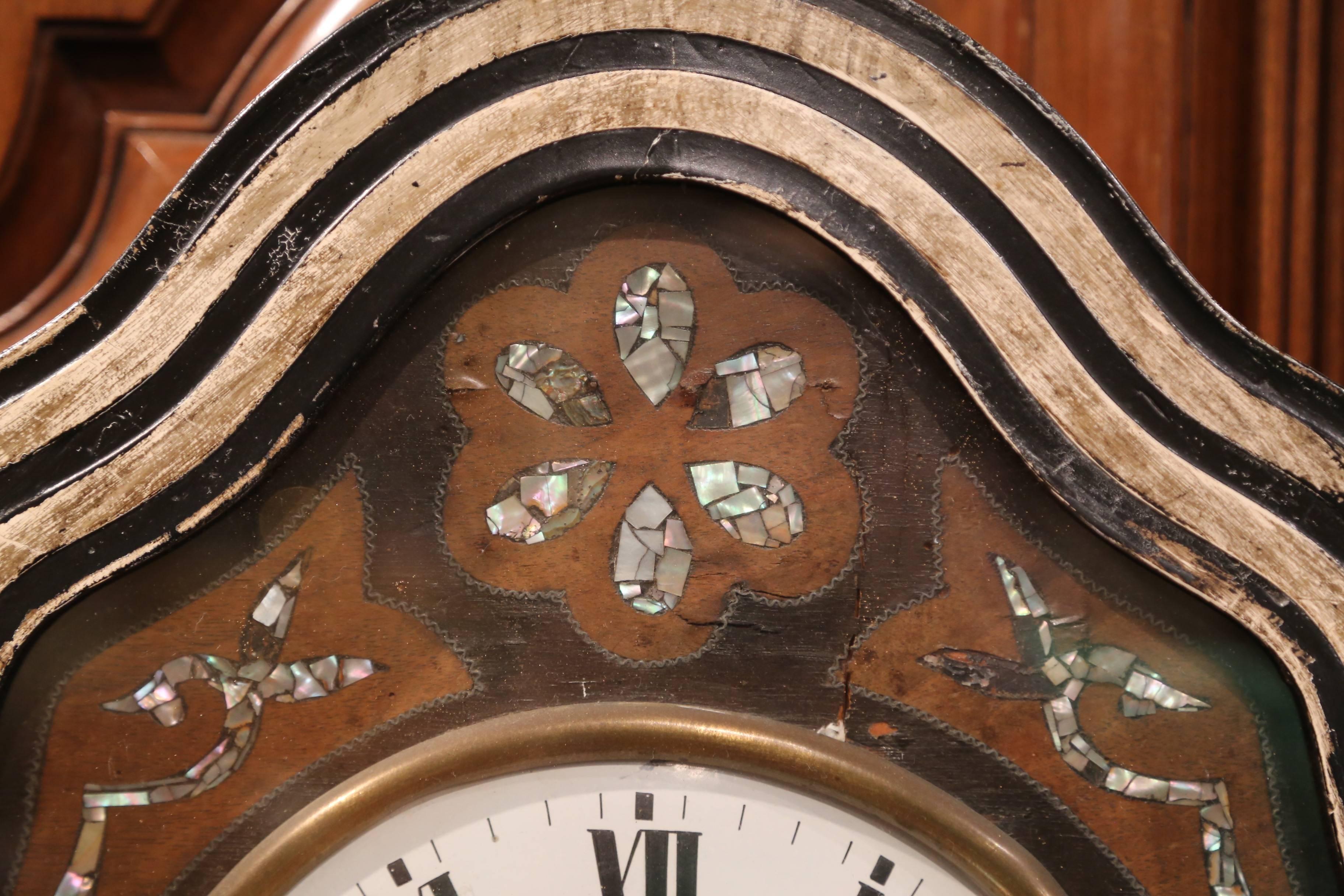 19th Century French Napoleon III Painted Wall Clock with Mother-of-Pearl Decor 2