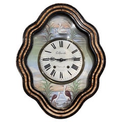 19th Century French Napoleon III Painted Wall Clock with Swan and Flamingo Decor