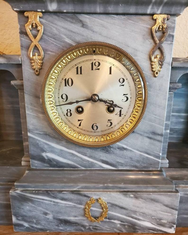 Neoclassical 19th Century French Napoleon III Period Bardiglio Marble Japy Freres Clock Set For Sale
