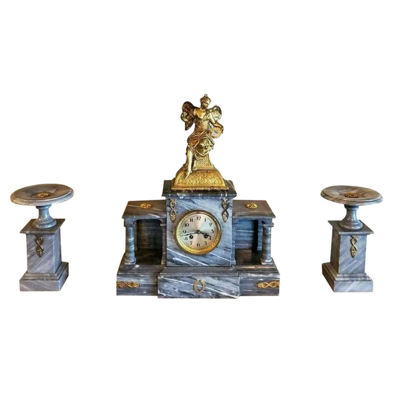 19th Century French Napoleon III Period Bardiglio Marble Japy Freres Clock Set