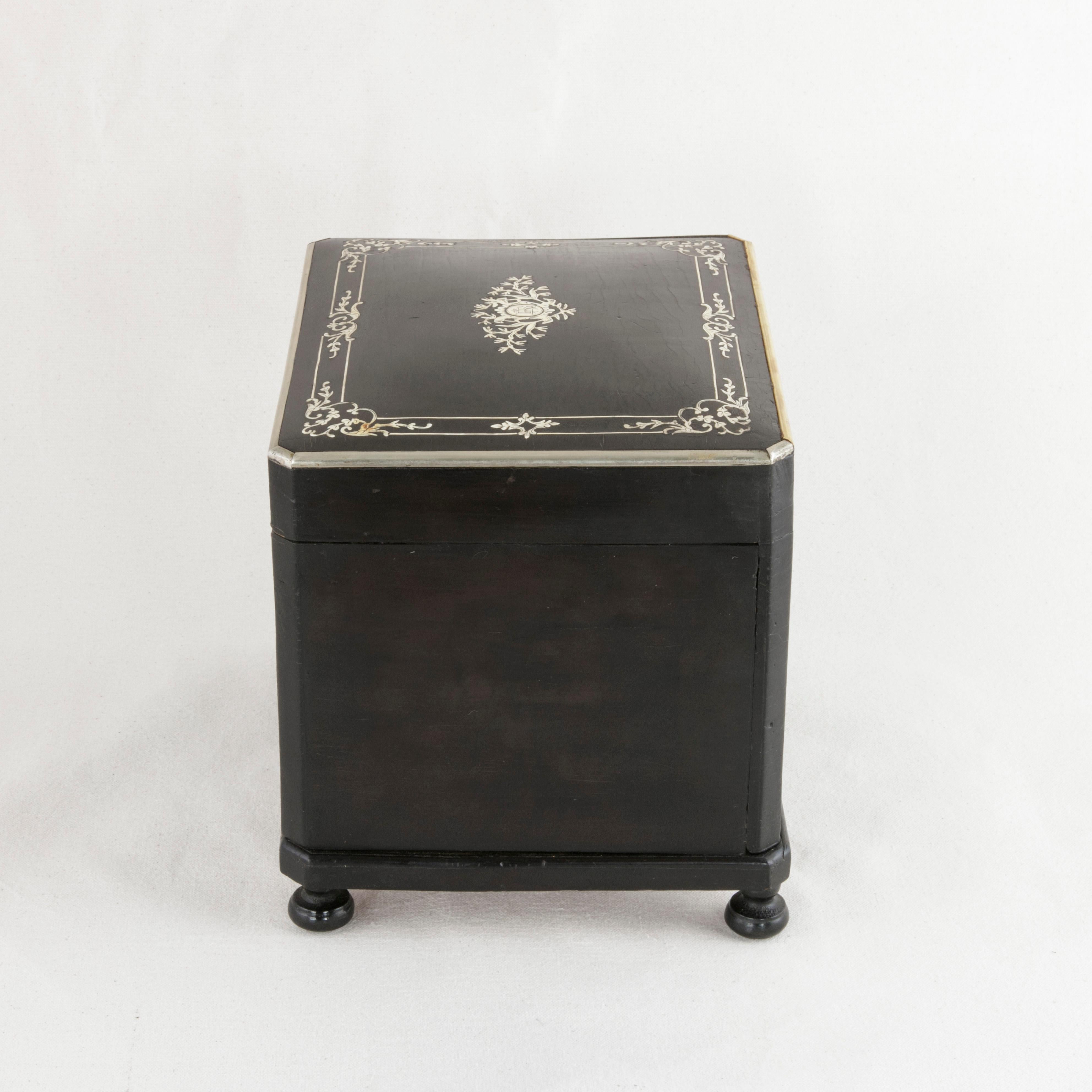 Bronze 19th Century French Napoleon III Period Black Lacquer Cigar Box with Bone Inlay