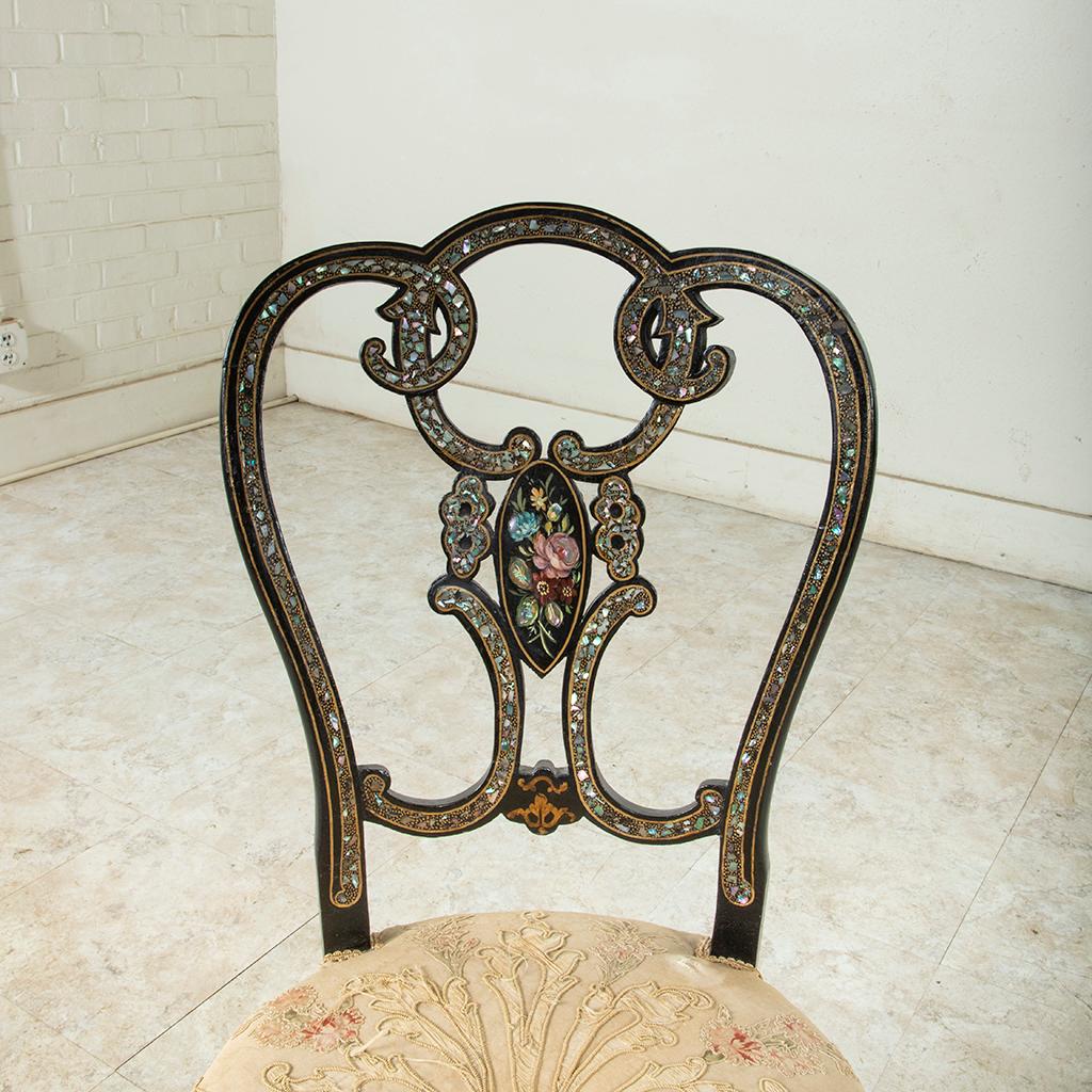 Mother-of-Pearl 19th Century French Napoleon III Period Hand Painted Tole Fireside Chair For Sale