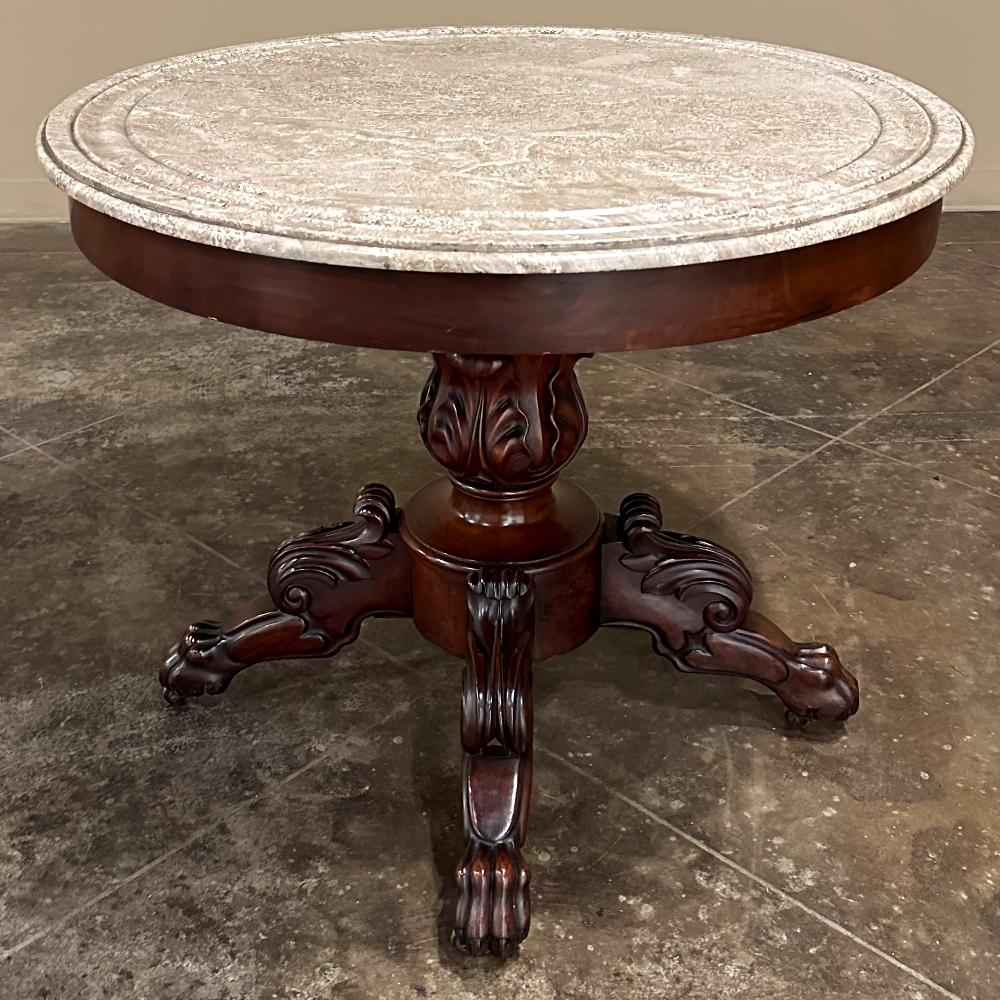 Hand-Carved 19th Century French Napoleon III Period Mahogany Marble Top Center Table For Sale