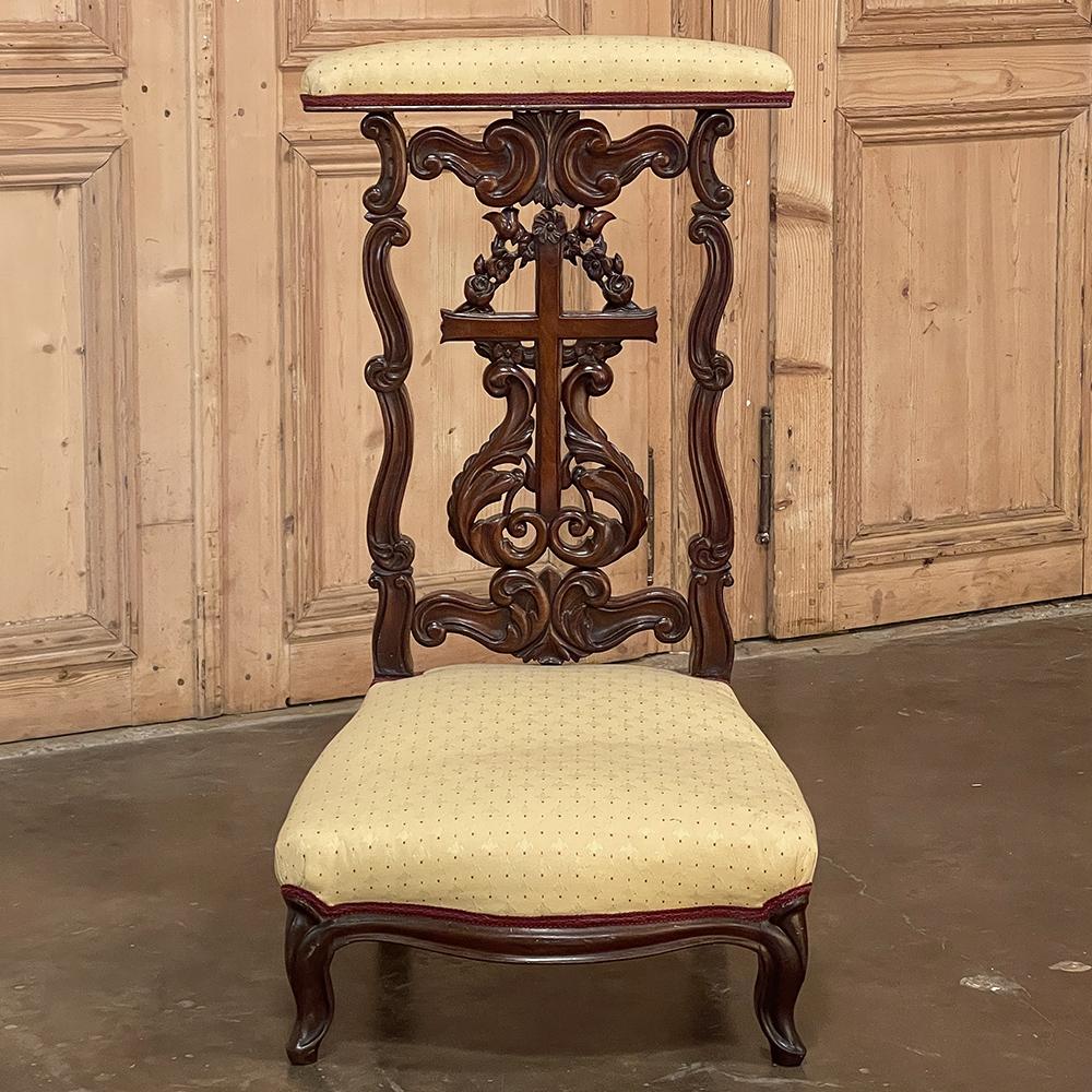 19th Century French Napoleon III Period Mahogany Prie Dieu ~ Prayer Kneeler is a stunning example of devotional art! Rendered from exotic imported mahogany, it features a generous padded elbow rest on top, and luxurious scrolls and foliates