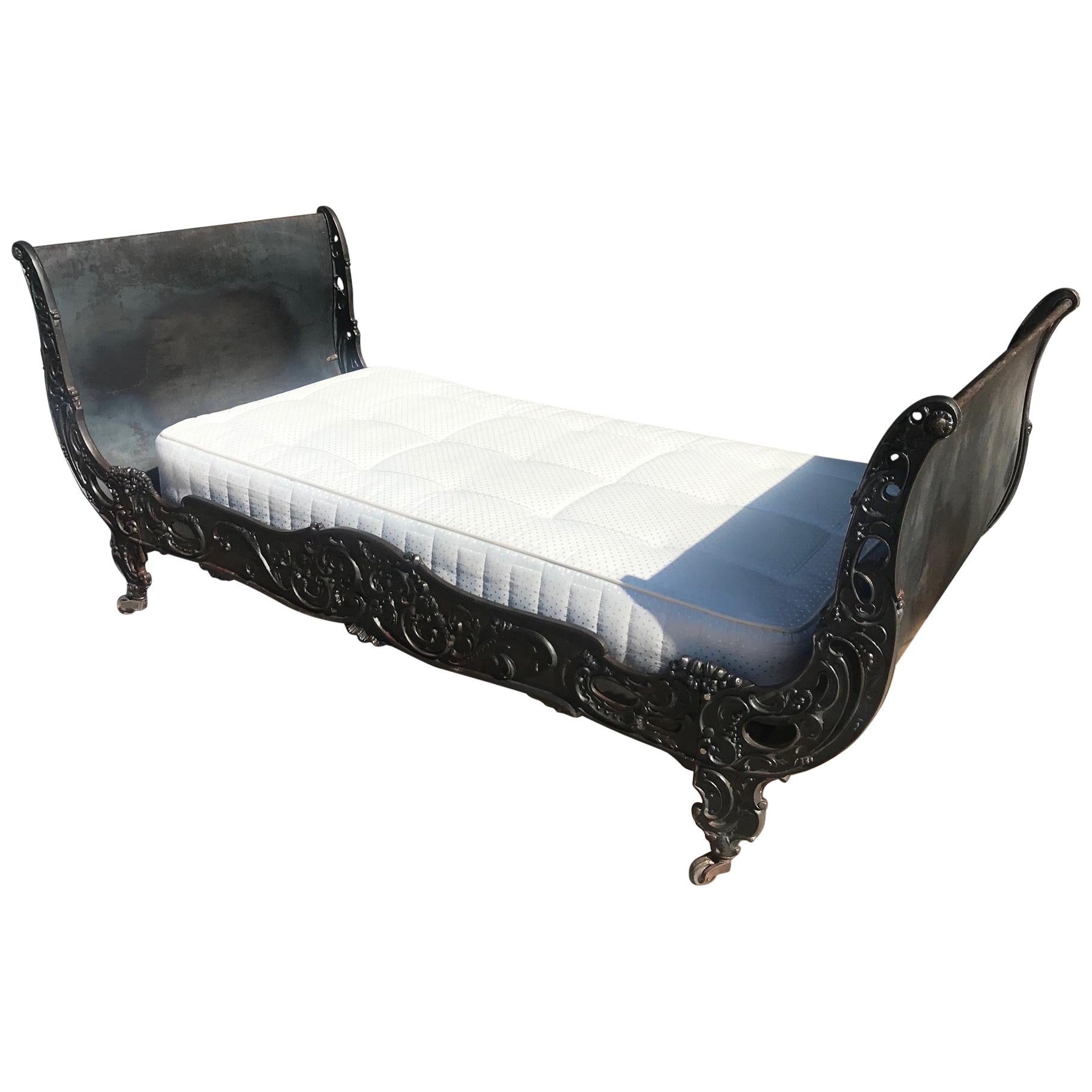 19th Century French Napoleon III Period Rolling Black Metal Single Bed