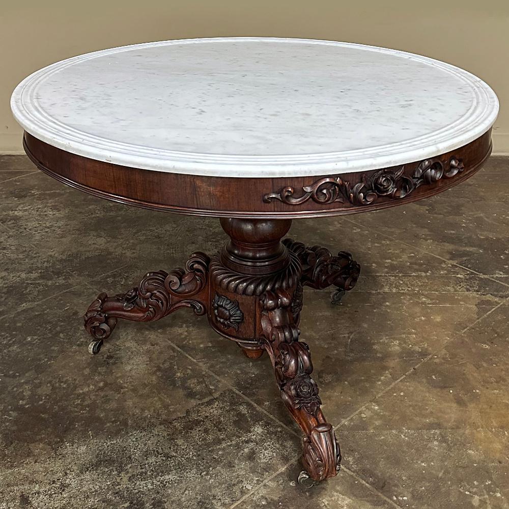 Hand-Carved 19th Century French Napoleon III Period Walnut Center Table with Carrara Marble For Sale
