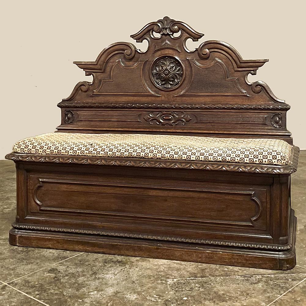 19th Century French Napoleon III Period walnut hall bench is the ideal choice to greet your visitors and guests in style! Designed to provide a comfy waiting area for friends and callers to wait while the host or hostess is able to come to the foyer