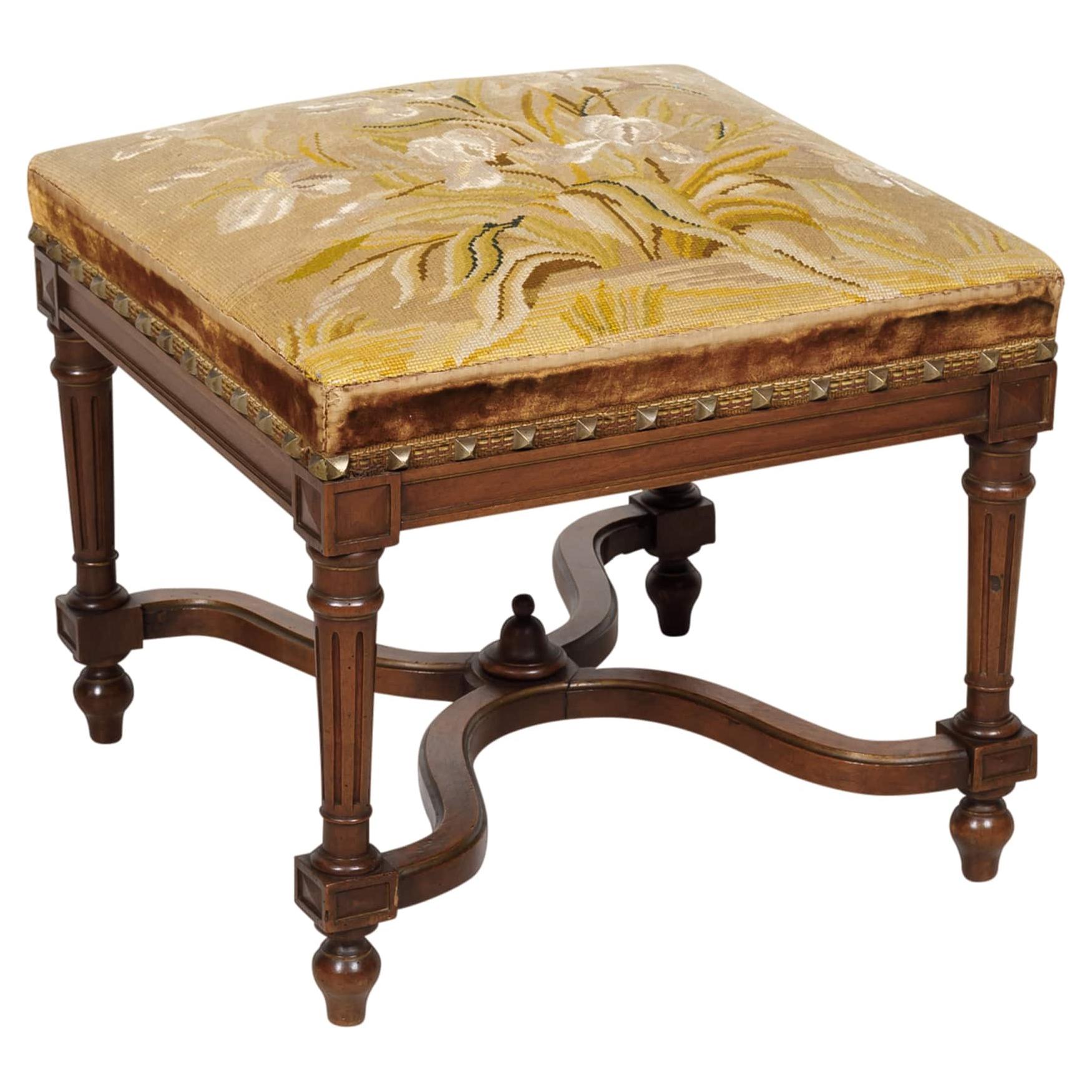 19th Century III Style Mahogany Footstool with floral needlework