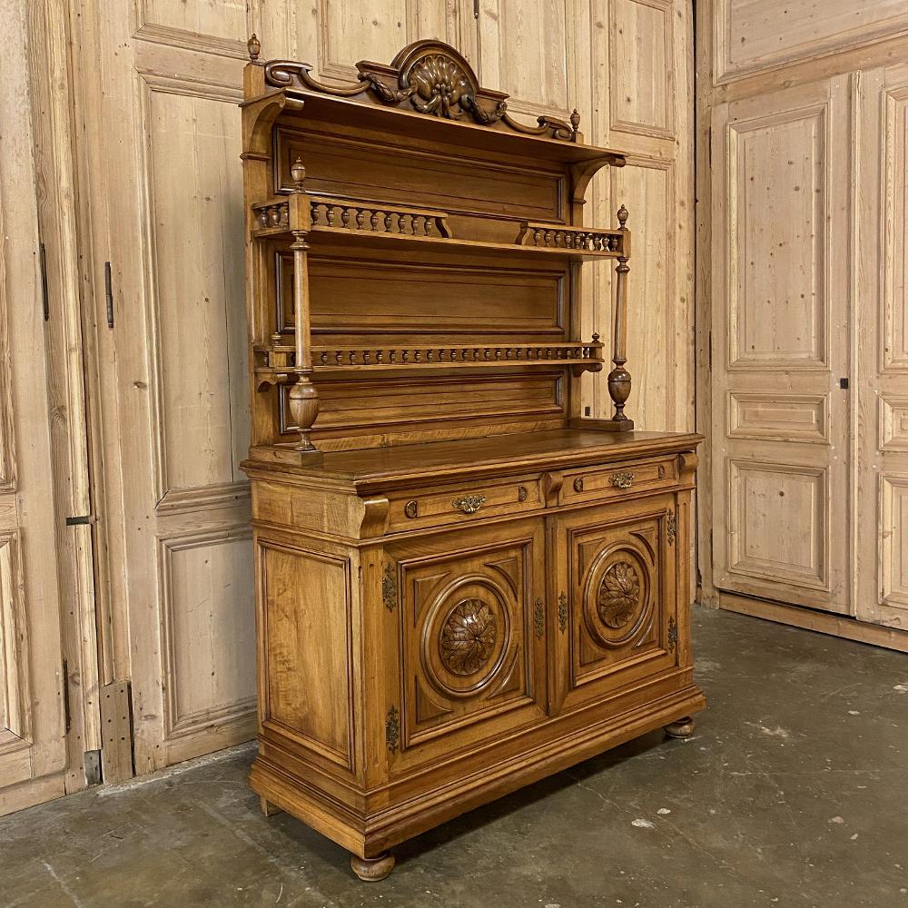 19th century French Napoleon III Period Walnut Vaisselier ~ Buffet is a remarkable work of the cabinetmaker's art! Only select, blonde French walnut was used which creates a lovely warm, luxurious appearance. The base consists of a spacious two door