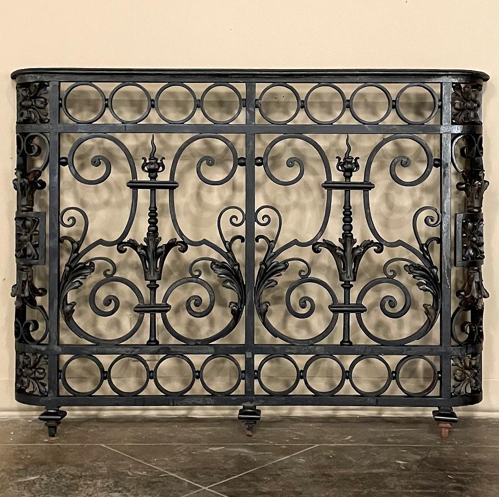 19th Century French Napoleon III Period wrought iron Balustrade ~ Window Guard is a stunning work of the metalsmith's art! Hand-crafted during the middle of the 19th century, it features a classical influence evidenced in the Greek coin motif on top