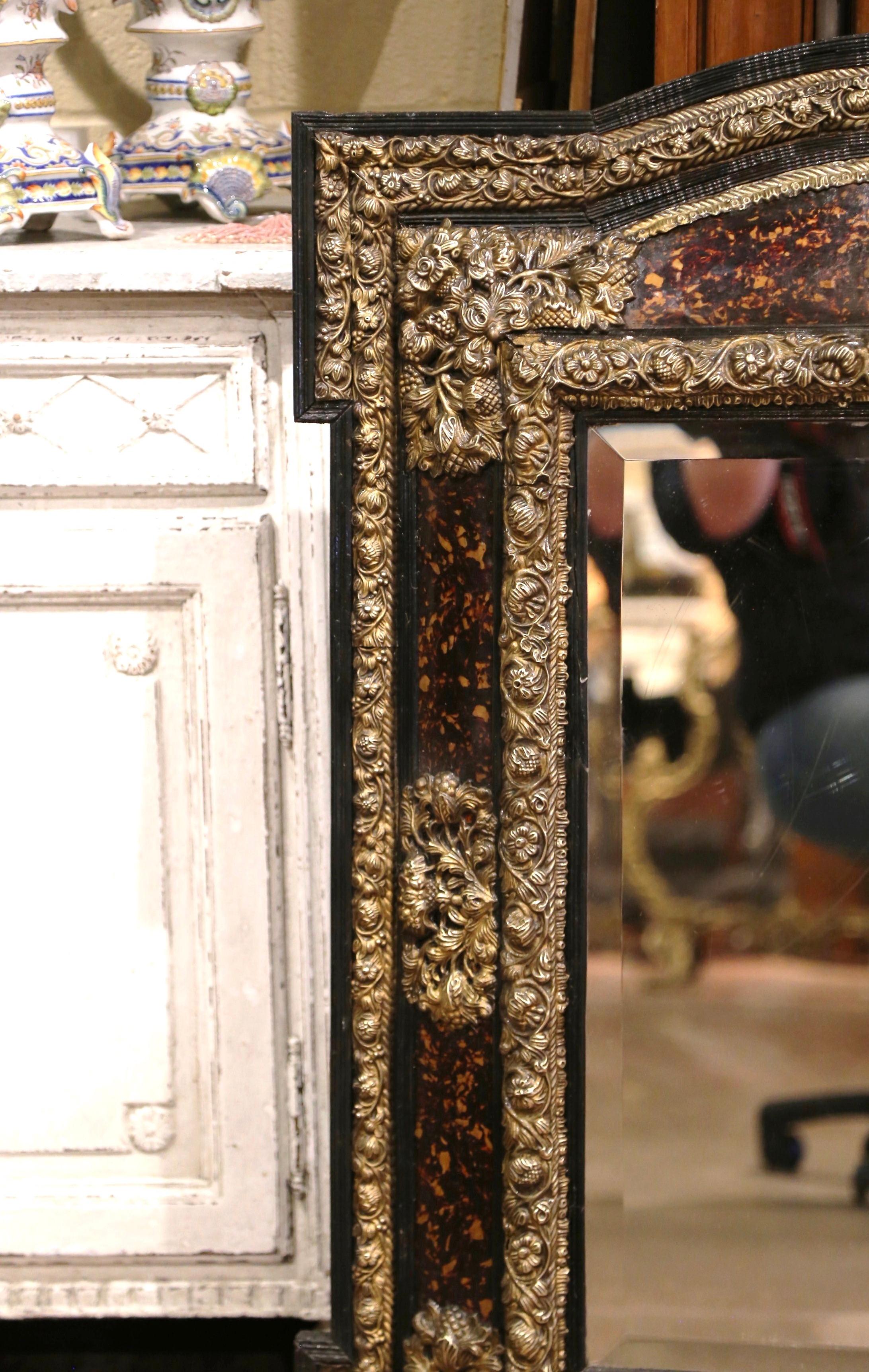 Beveled 19th Century French Napoleon III Repousse Brass and Ebony Overlay Wall Mirror