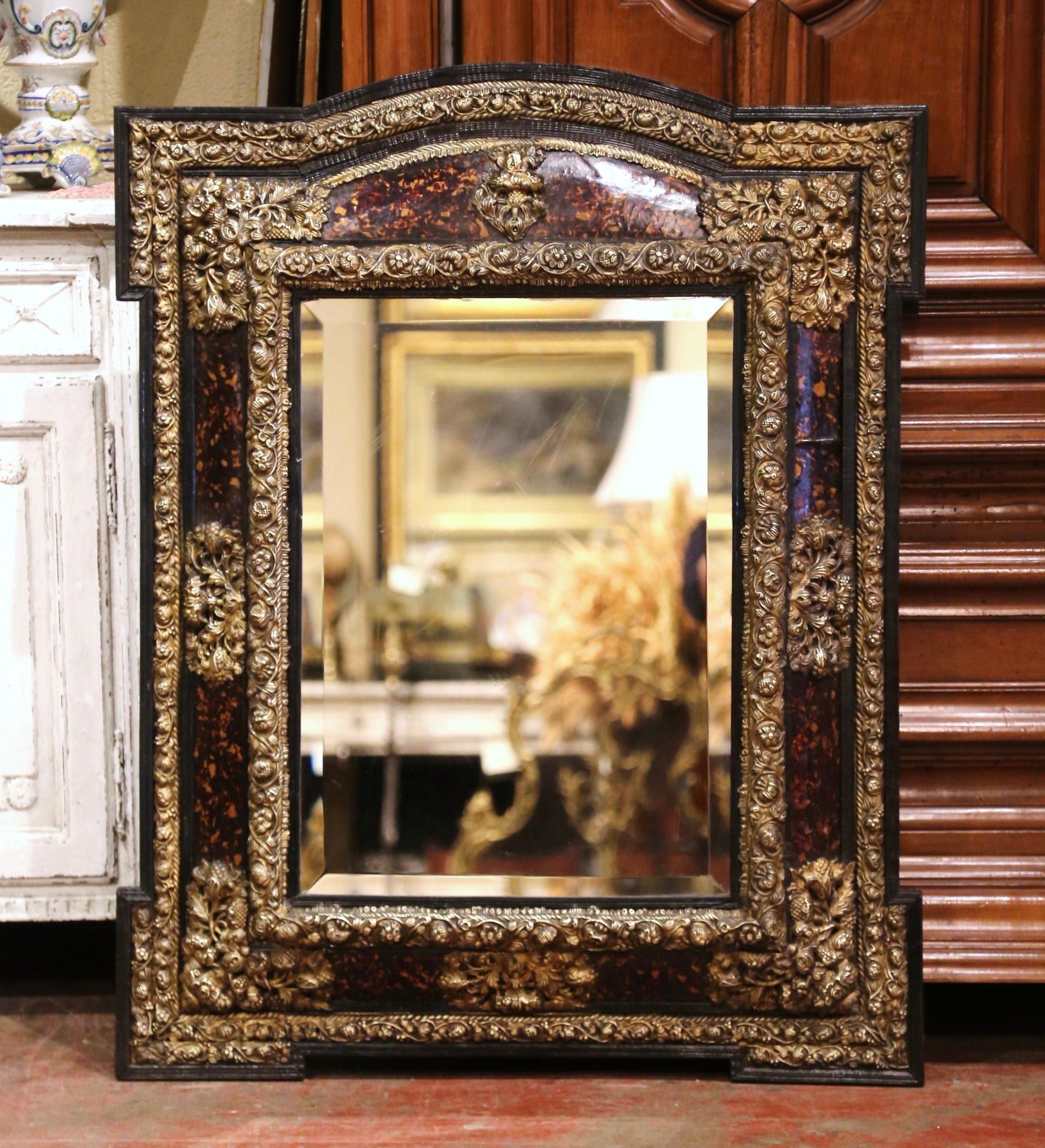 19th Century French Napoleon III Repousse Brass and Ebony Overlay Wall Mirror In Excellent Condition In Dallas, TX