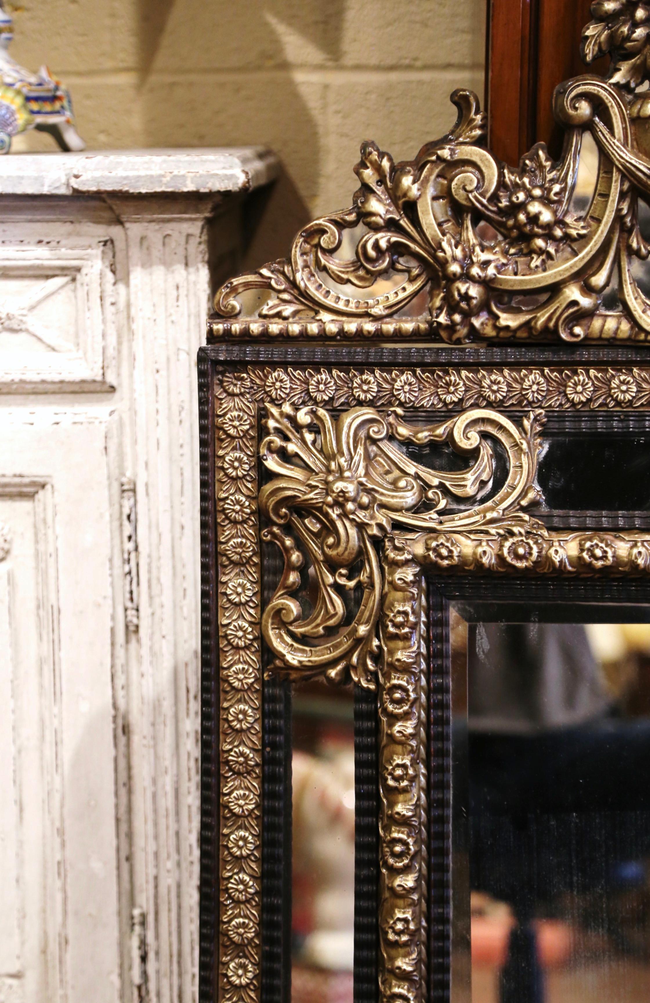 19th Century French Napoleon III Repousse Brass and Ebony Overlay Wall Mirror In Excellent Condition For Sale In Dallas, TX