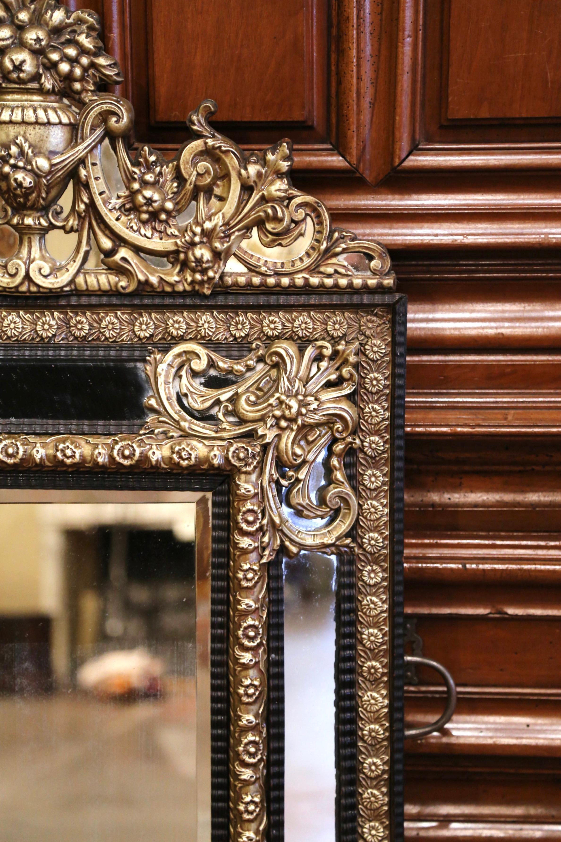 19th Century French Napoleon III Repousse Brass and Ebony Overlay Wall Mirror For Sale 2