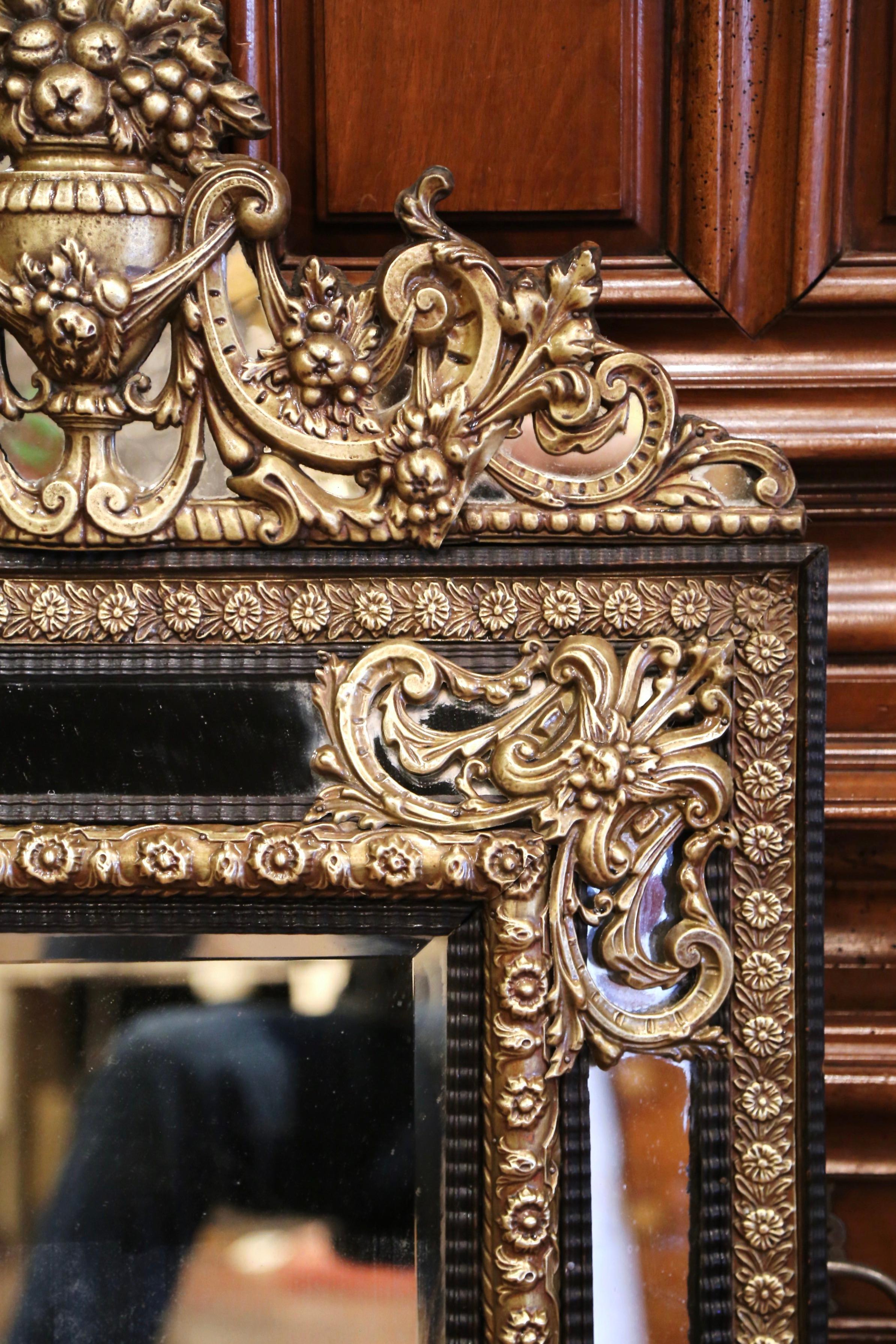 19th Century French Napoleon III Repousse Brass and Ebony Overlay Wall Mirror For Sale 3