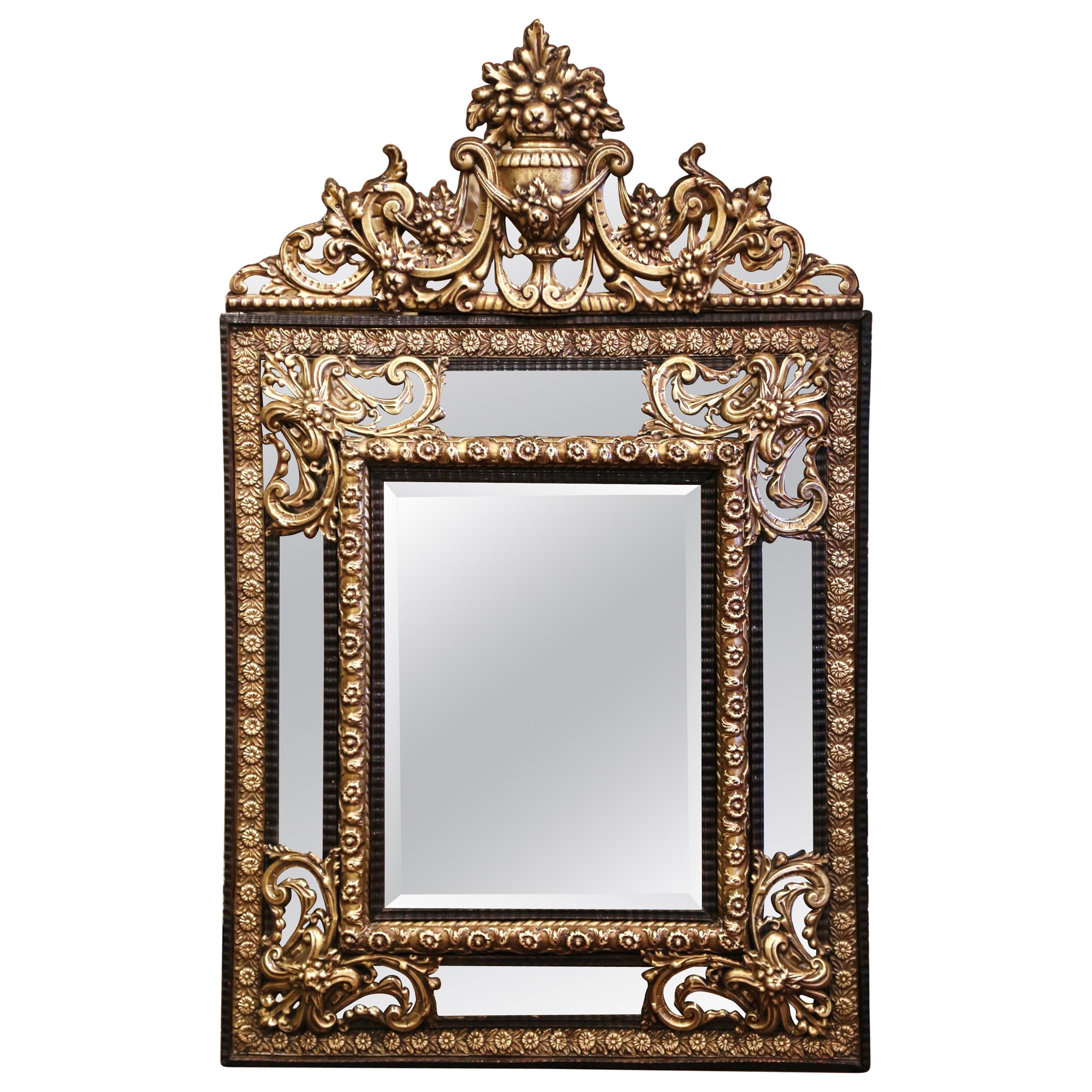 19th Century French Napoleon III Repousse Brass and Ebony Overlay Wall Mirror