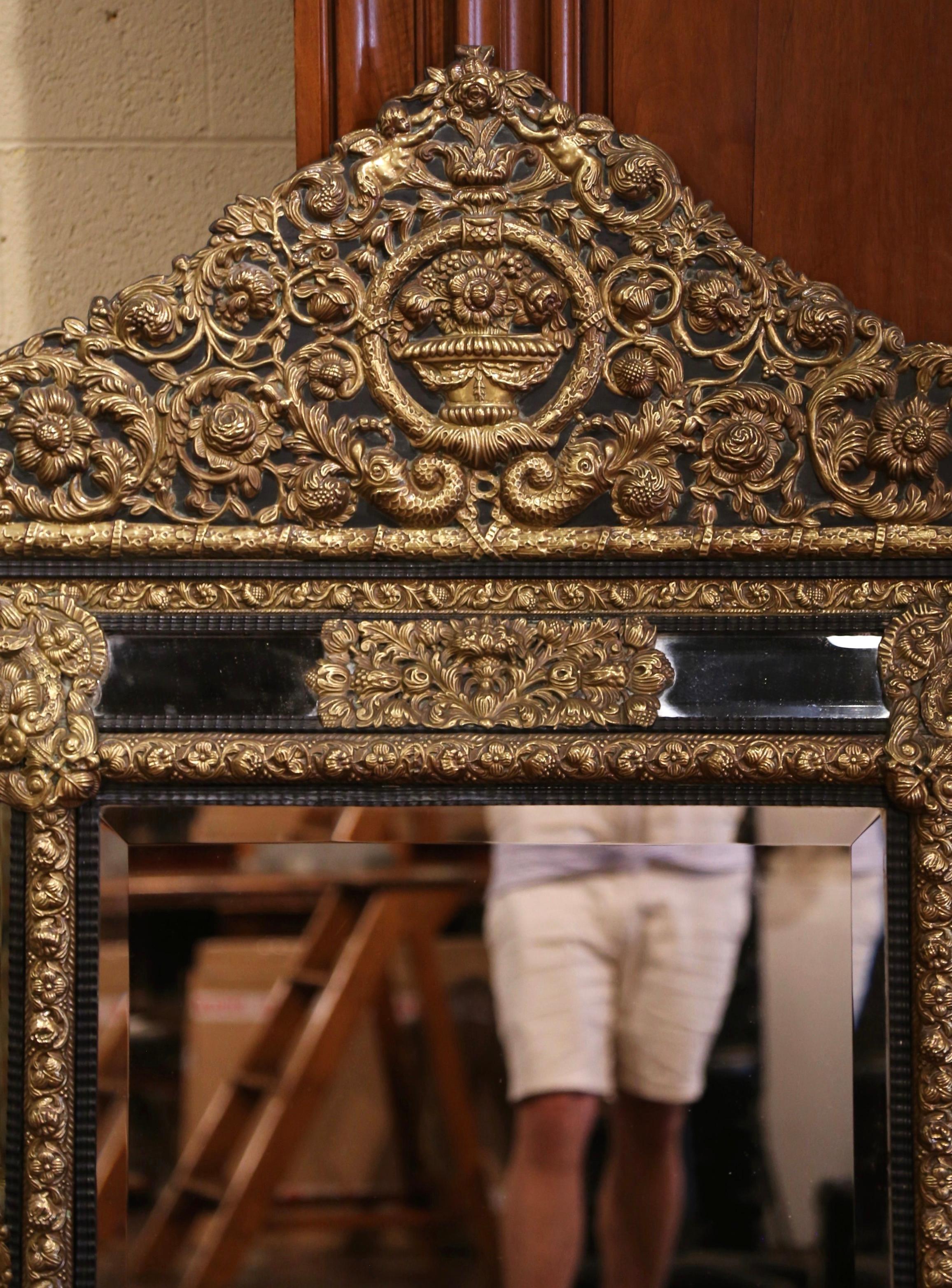 Repoussé 19th Century French Napoleon III Repousse Brass Beveled Overlay Wall Mirror