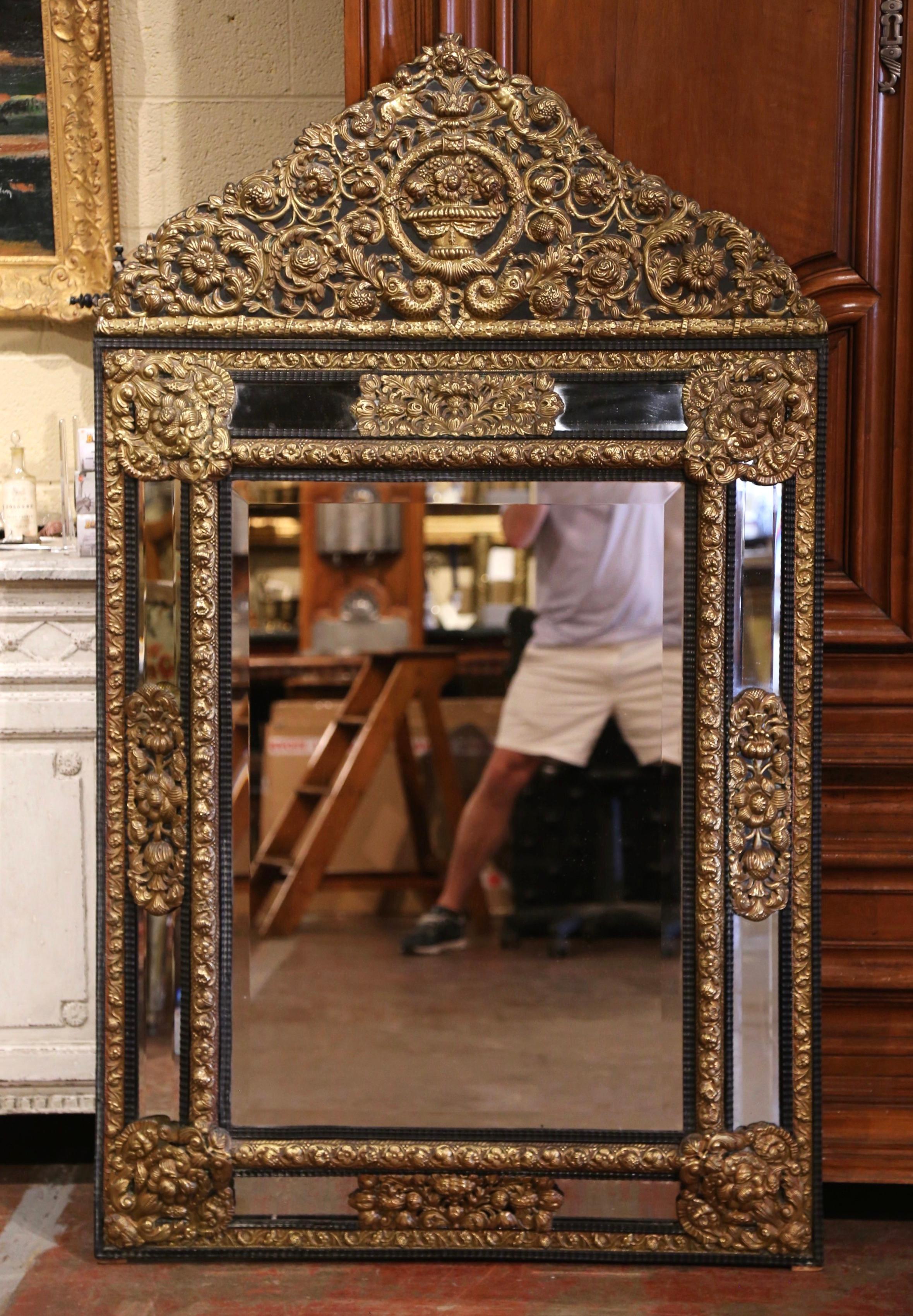 19th Century French Napoleon III Repousse Brass Beveled Overlay Wall Mirror In Excellent Condition In Dallas, TX