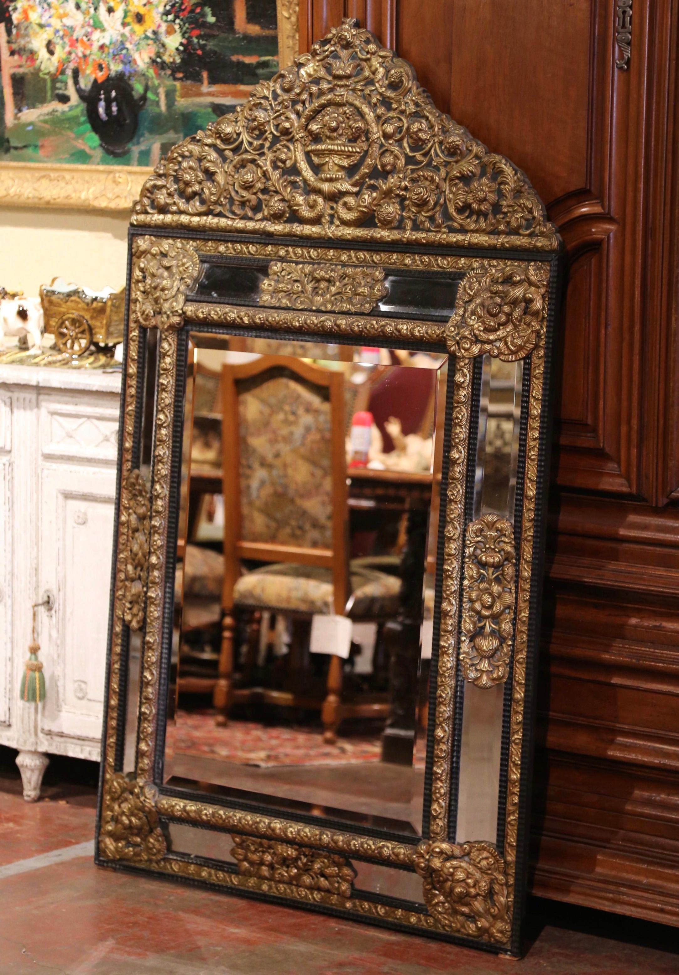 19th Century French Napoleon III Repousse Brass Beveled Overlay Wall Mirror 1