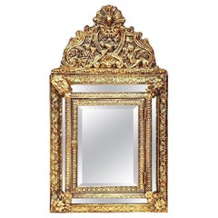 Antique 19th Century French Napoleon III Repousse Brass Mirror with Hidden Brushes