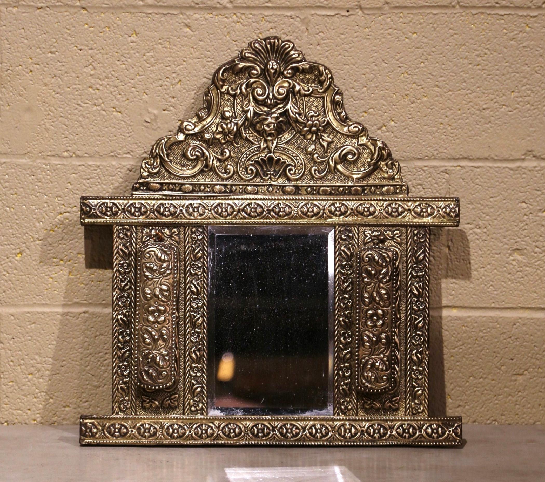 Hand-Carved 19th Century French Napoleon III Repousse Brass Wall Mirror with Brushes