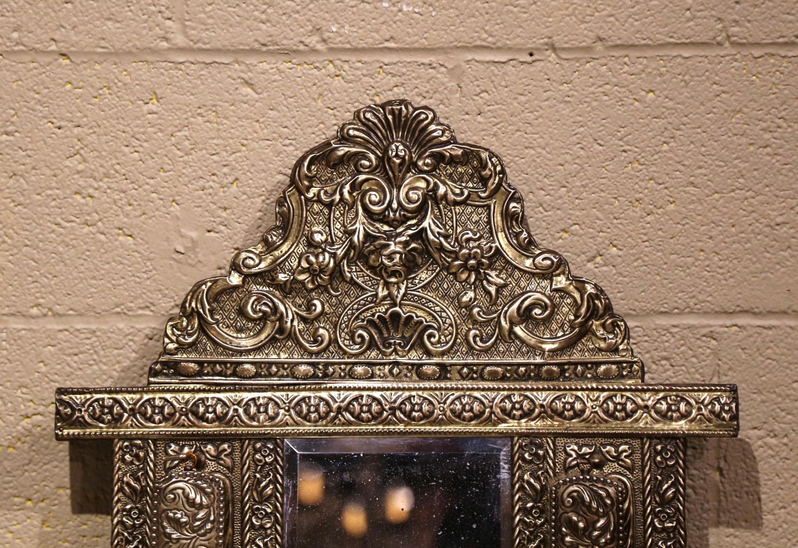 19th Century French Napoleon III Repousse Brass Wall Mirror with Brushes In Excellent Condition In Dallas, TX