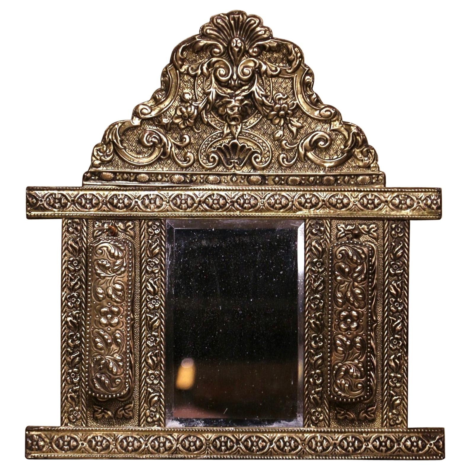 19th Century French Napoleon III Repousse Brass Wall Mirror with Brushes