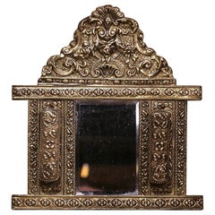 Antique 19th Century French Napoleon III Repousse Brass Wall Mirror with Brushes