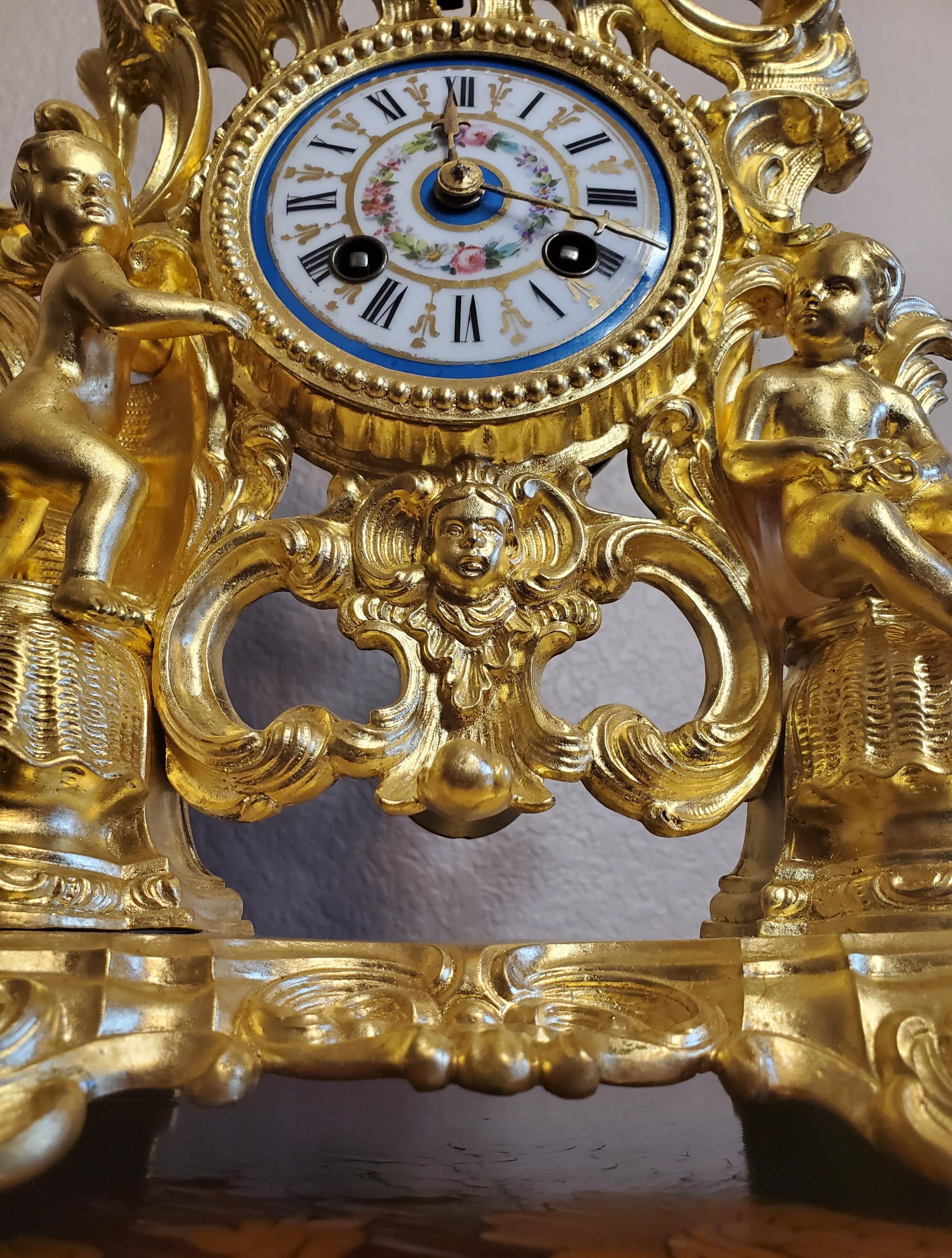Fine French Louis XV Rocaille Style Sevres Porcelain Gilt Bronze Ormolu Clock For Sale 6