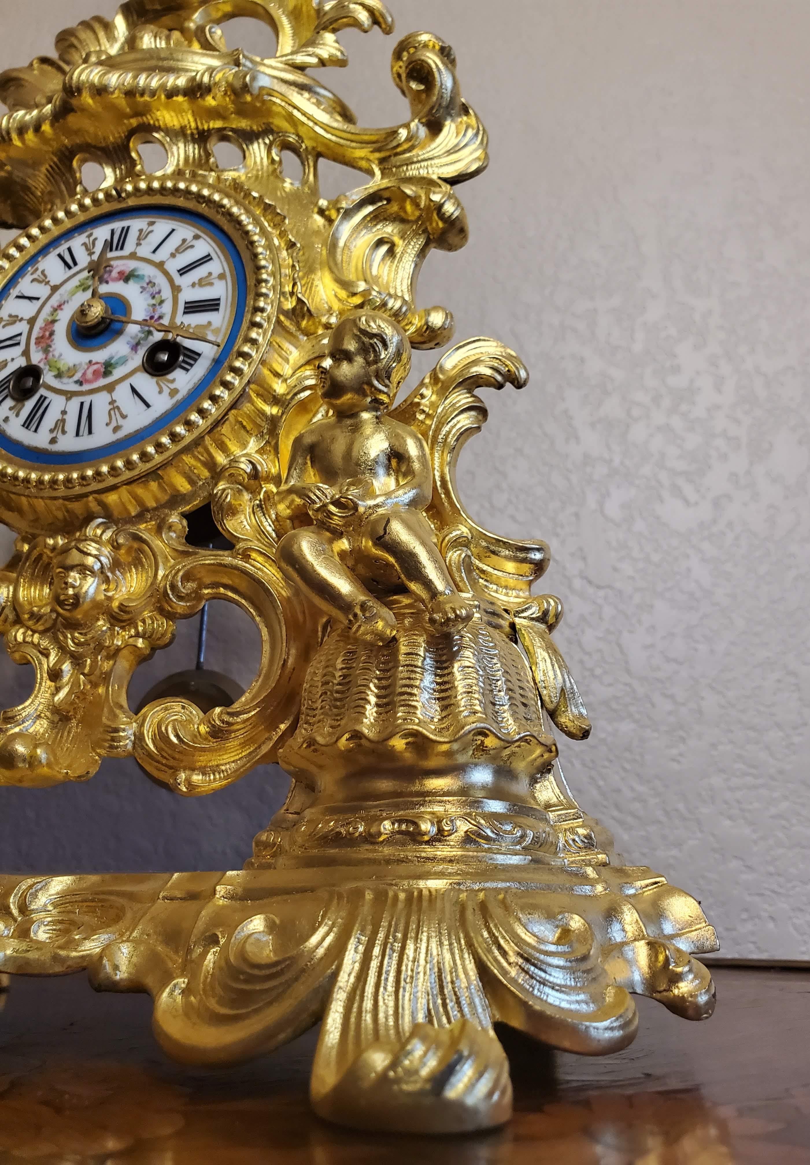 Fine French Louis XV Rocaille Style Sevres Porcelain Gilt Bronze Ormolu Clock  For Sale 7
