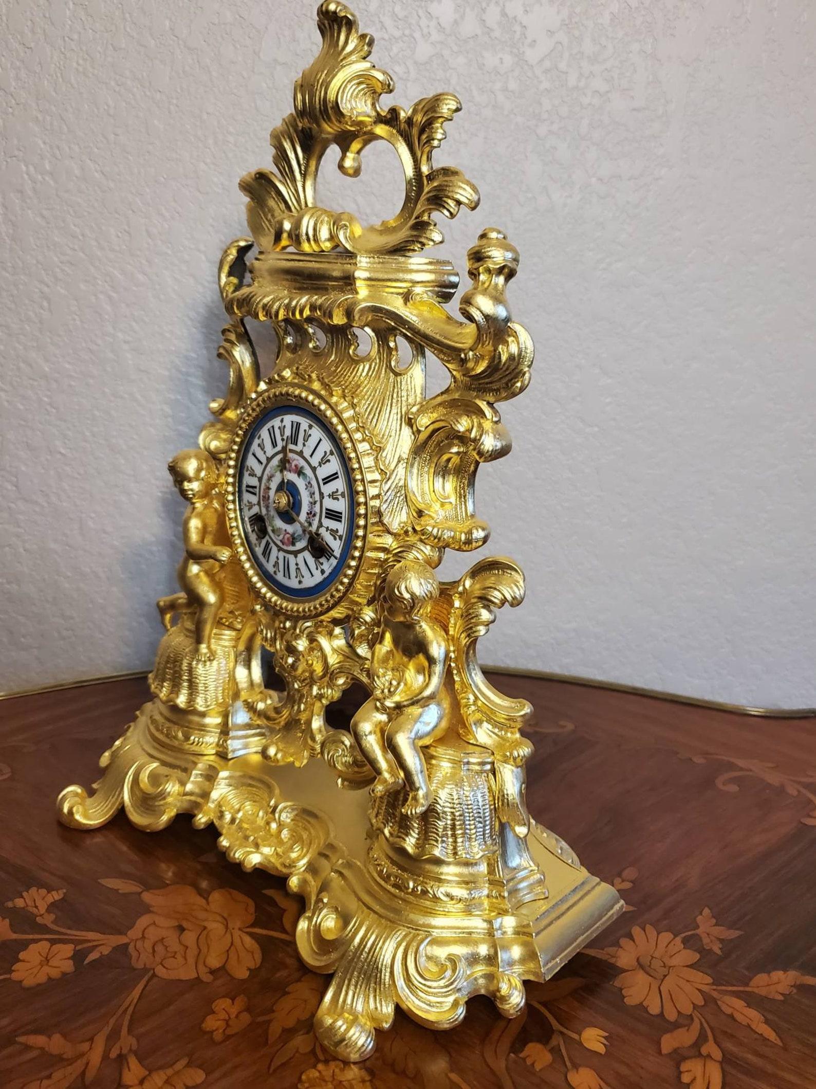 Rococo Fine French Louis XV Rocaille Style Sevres Porcelain Gilt Bronze Ormolu Clock  For Sale