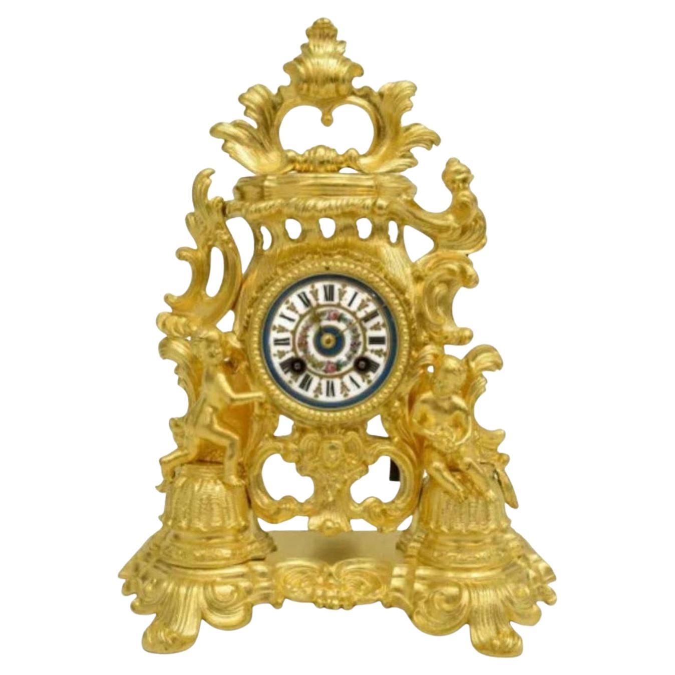 Fine French Louis XV Rocaille Style Sevres Porcelain Gilt Bronze Ormolu Clock  For Sale