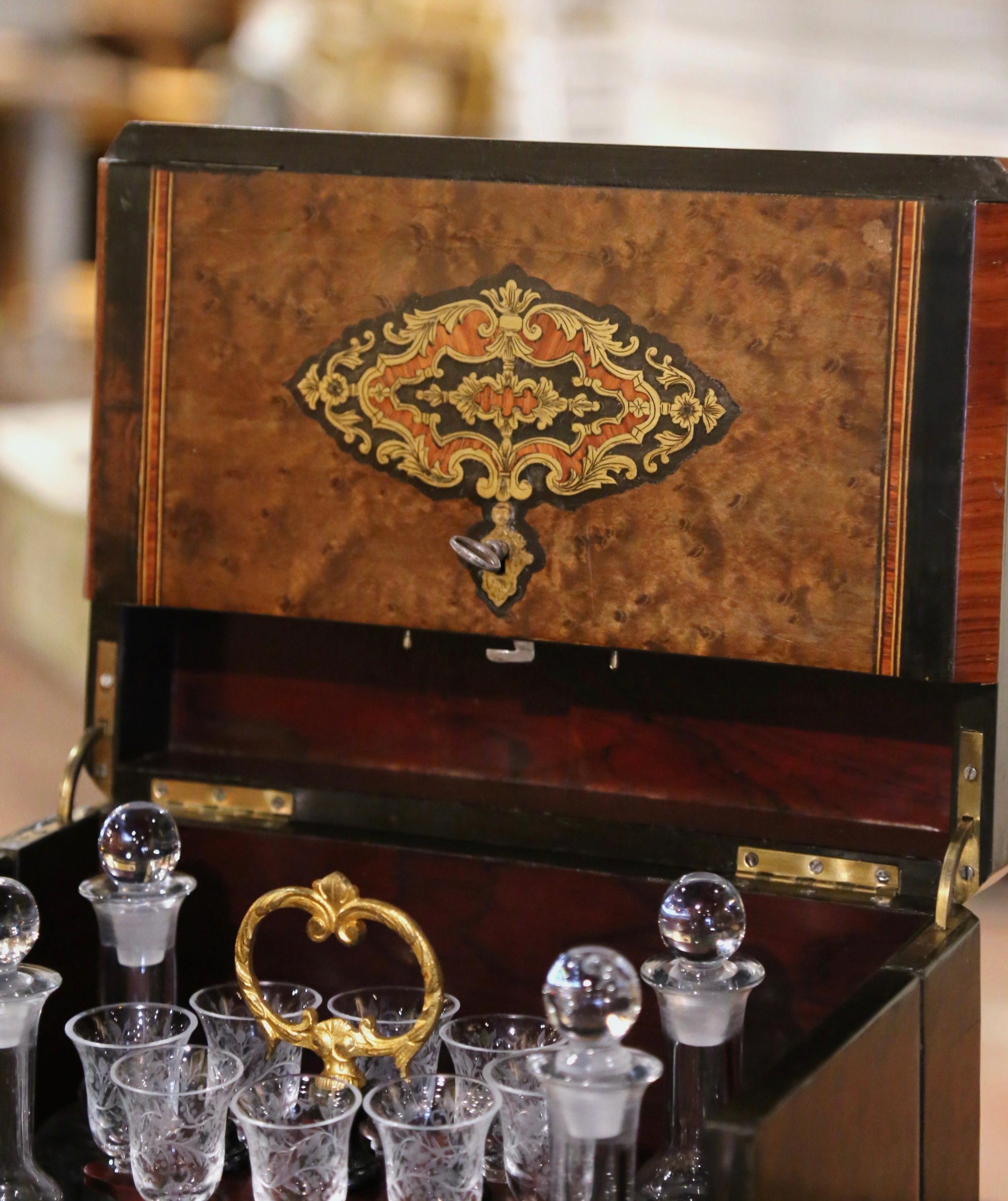 19th Century French Napoleon III Rosewood & Brass Inlaid Complete Cave a Liqueur In Excellent Condition In Dallas, TX