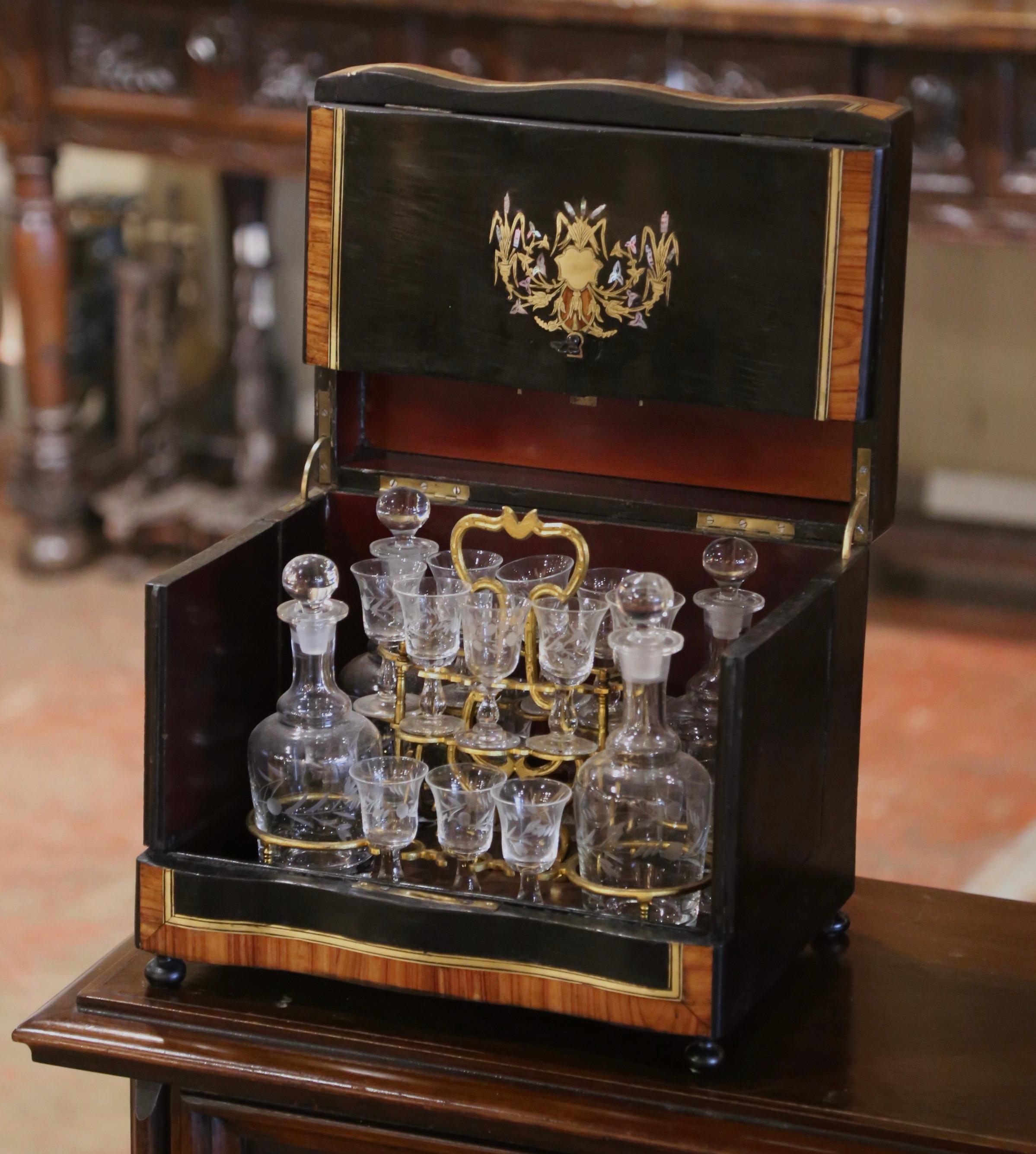 19th Century French Napoleon III Rosewood & Brass Inlaid Complete Cave a Liqueur For Sale 1