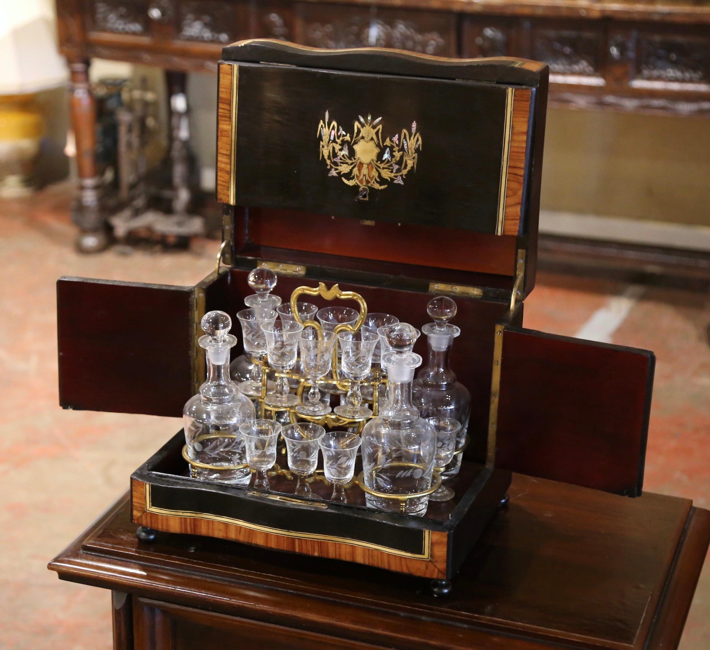 19th Century French Napoleon III Rosewood & Brass Inlaid Complete Cave a Liqueur For Sale 5