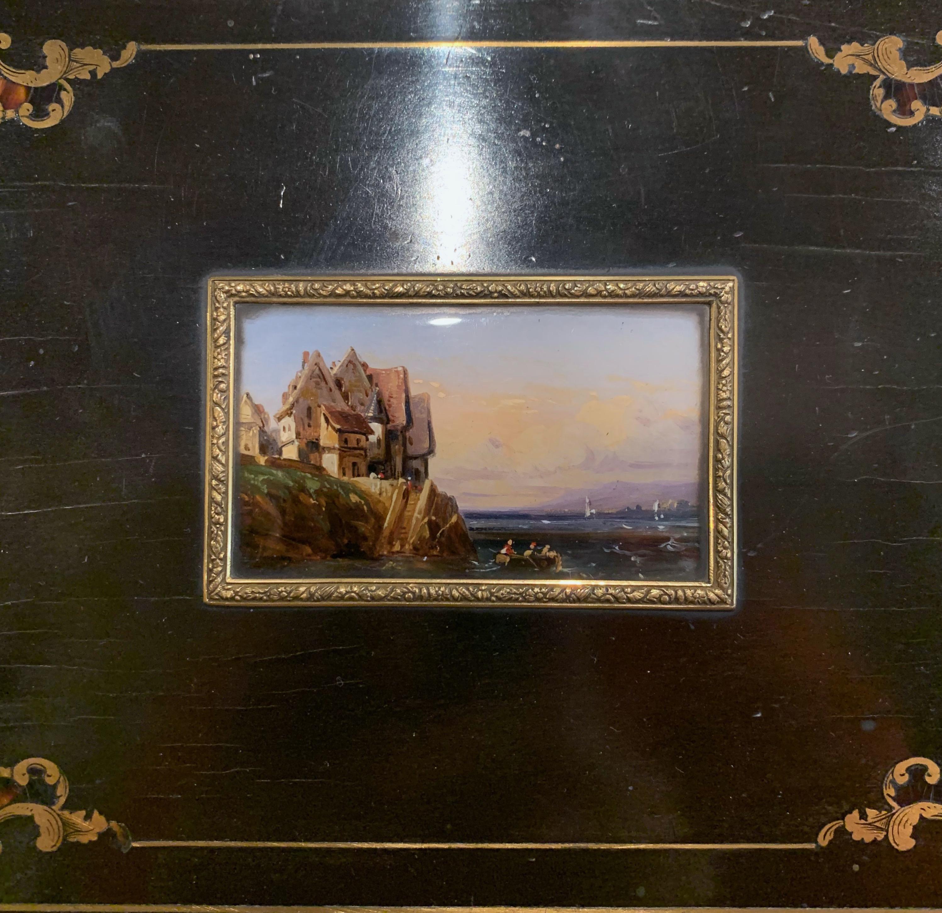 Hand-Crafted 19th Century French Napoleon III Rosewood & Brass Jewelry Box with Painted Scene