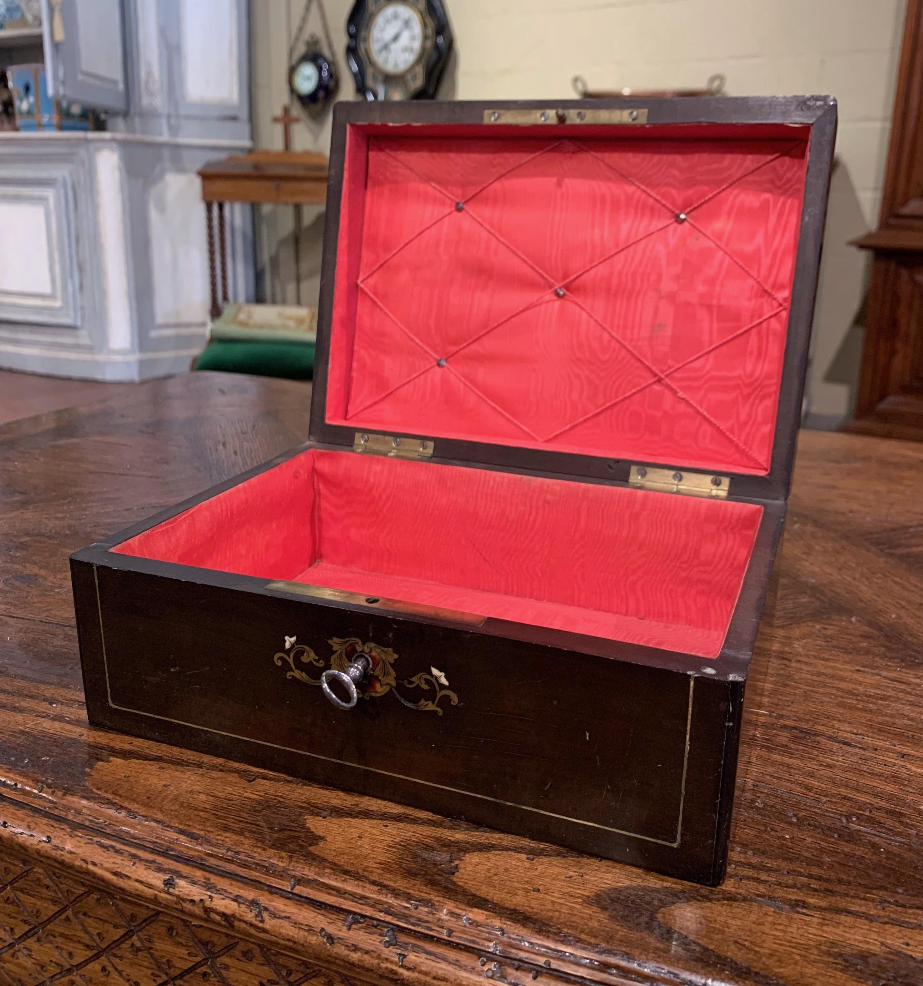 19th Century French Napoleon III Rosewood & Brass Jewelry Box with Painted Scene In Excellent Condition In Dallas, TX