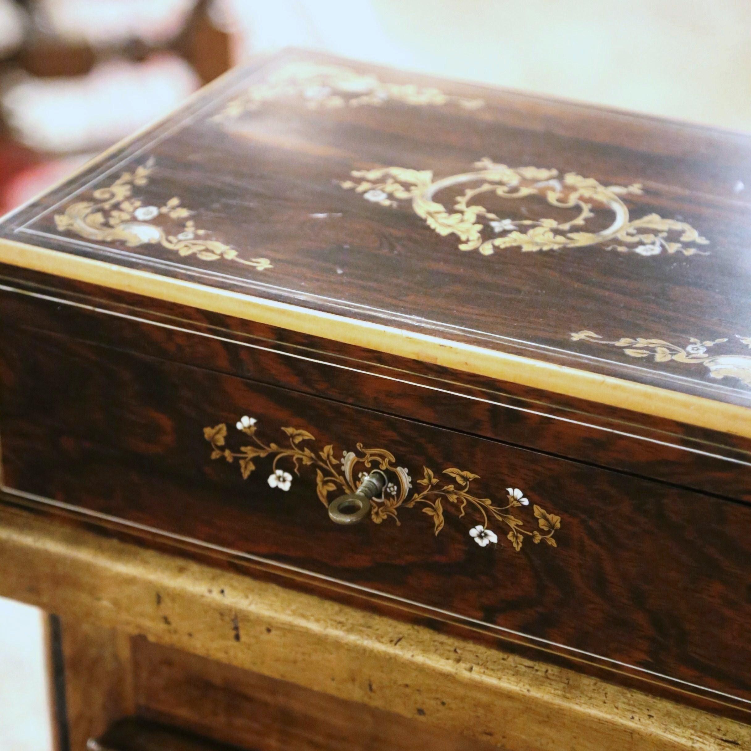 19th Century French Napoleon III Rosewood Decorative Boulle Jewelry Box In Excellent Condition In Dallas, TX